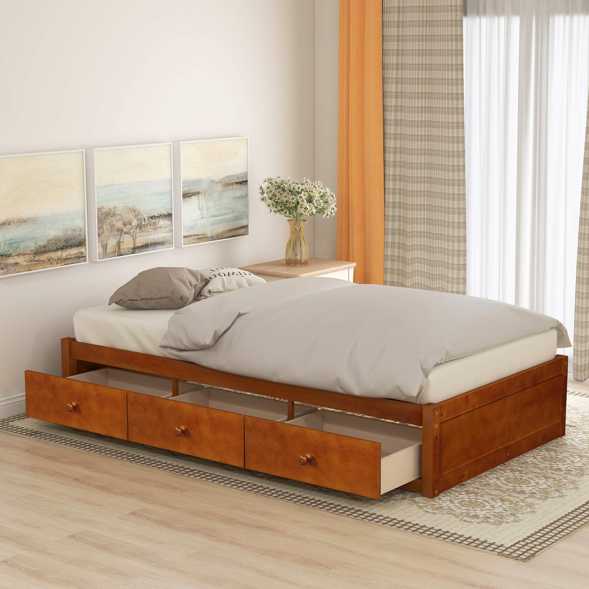 P PURLOVE Twin Size Storage Bed Frame with 3 Drawers - Wooden Platform Bed with Slat Support, No Box Spring Needed - Perfect for Small Bedrooms, Kids Rooms & Dormitories