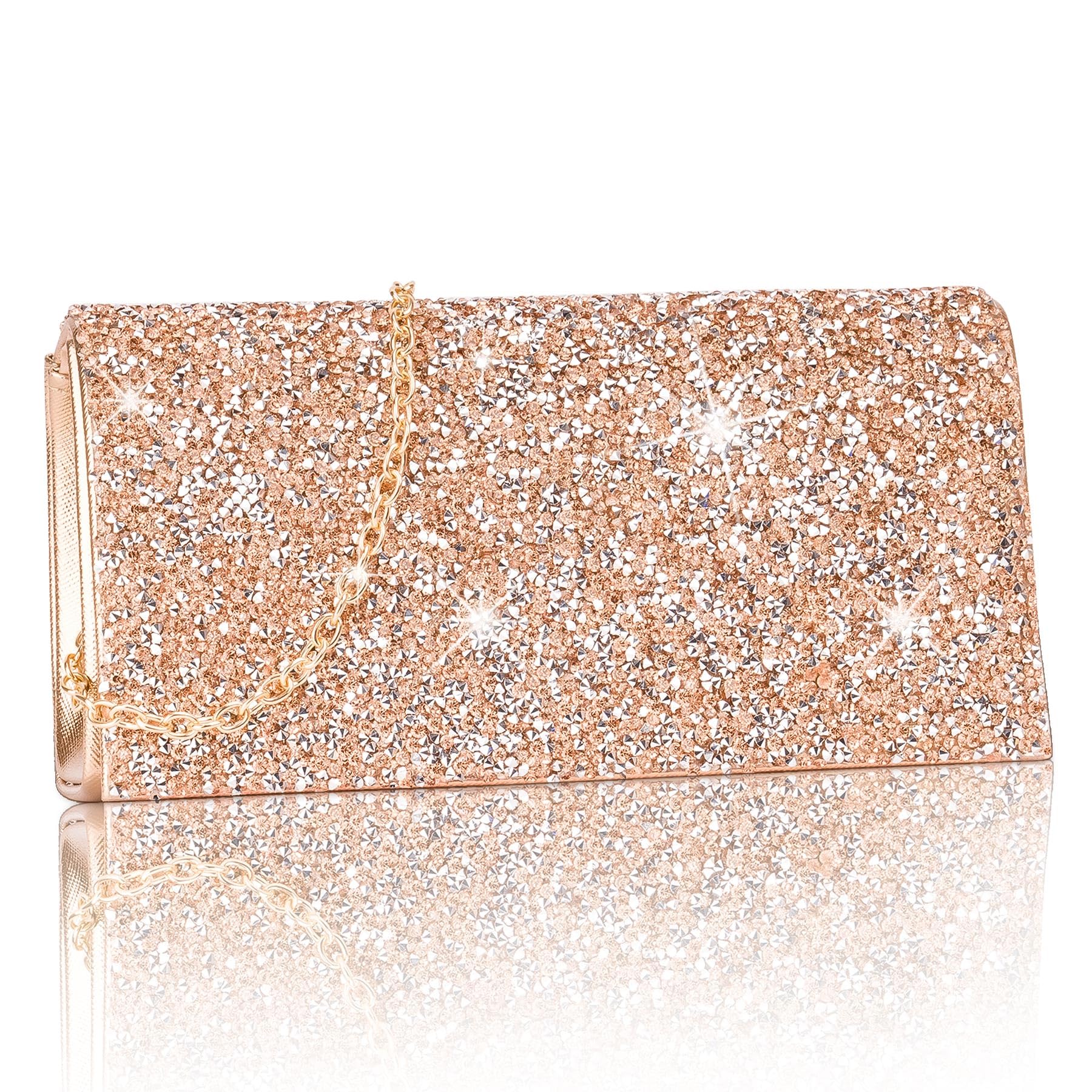 Larcenciel Women's Evening Handbag - Bling Rhinestone Purse with Chain, Rose Gold Envelope Clutch Bag for Prom, Wedding, Cocktail Party | Formal Shoulder Crossbody Bag | Perfect for Date Night, Bachelor Party & Special Occasions | Size: 7.9x3.9x1.8 Inches