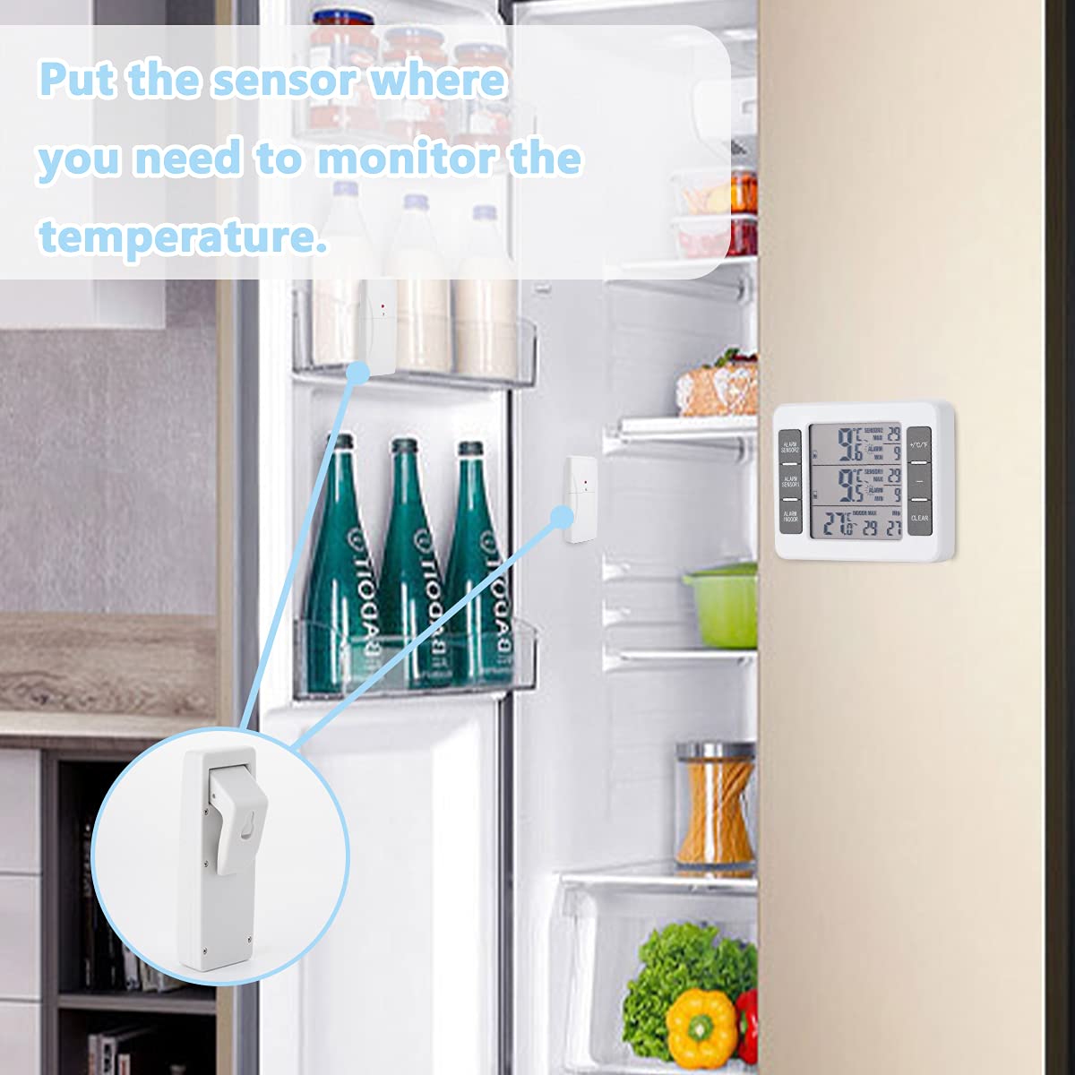 Freezer Alarm with Audible Alert & 2 Wireless Sensors - Indoor/Outdoor Refrigerator Thermometer for Home Kitchen - Monitor Food Safety in Freezers, Fridges & Garages
