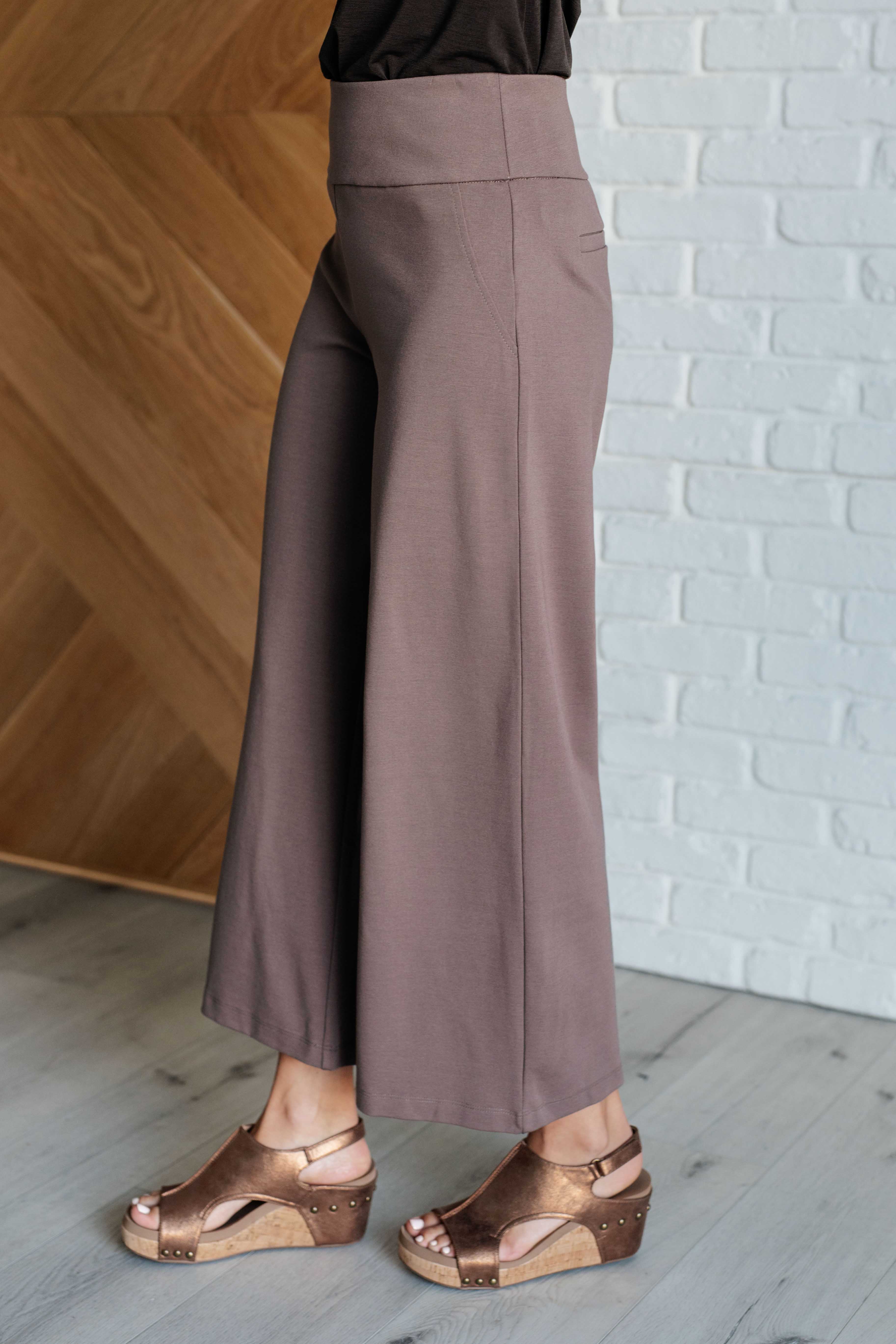 Stylish Magic Wide Leg Crop Pants in Dark Mocha - Comfortable High Waist Palazzo Trousers for Women | Perfect for Office, Casual Wear & Summer Outfits