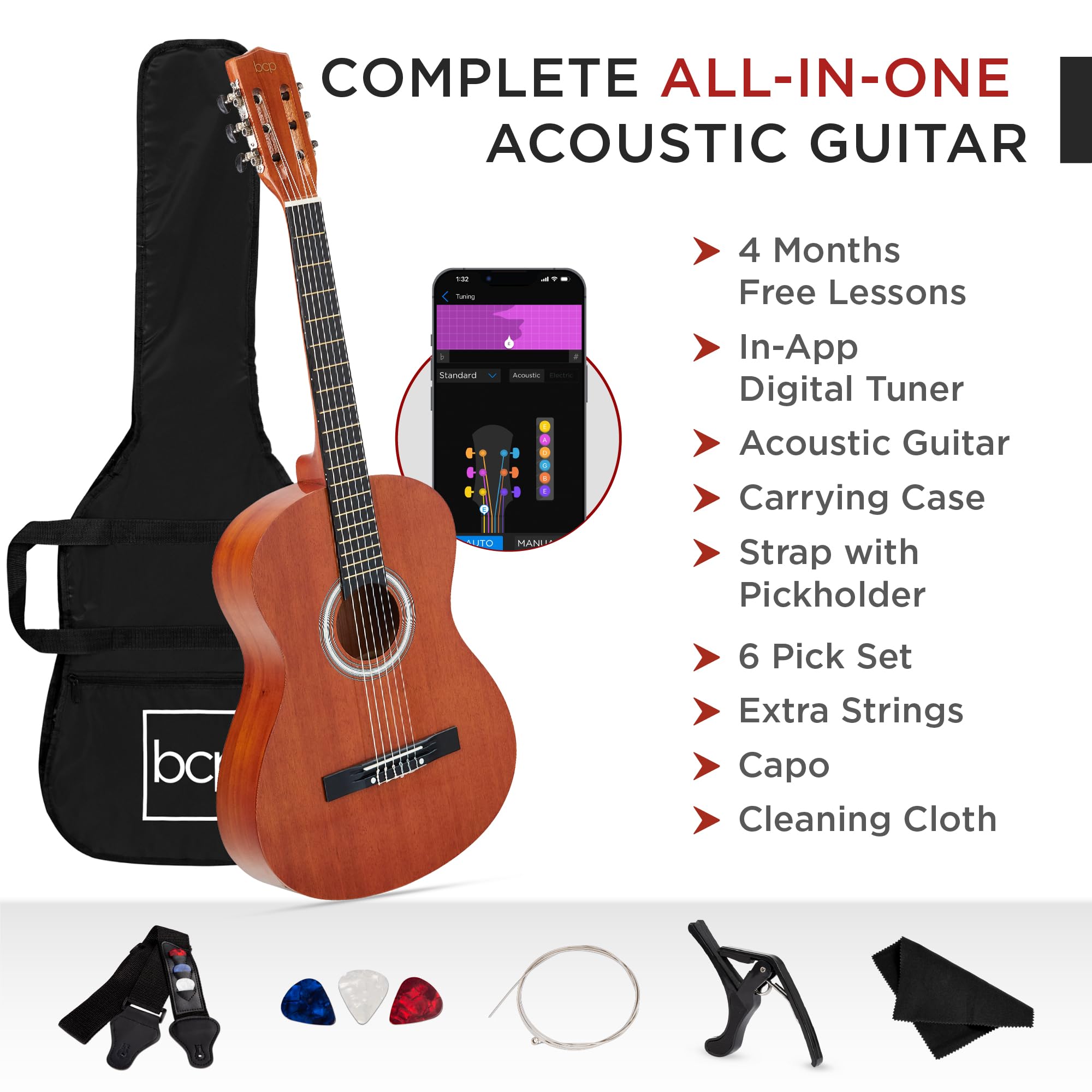 Best Choice Products 38-Inch All Wood Acoustic Guitar Starter Kit for Beginners with Gig Bag, 6 Picks, Nylon Strings & Strap with Pick Holder - Natural Mahogany Finish | Perfect for Learning, Practice & Live Performances