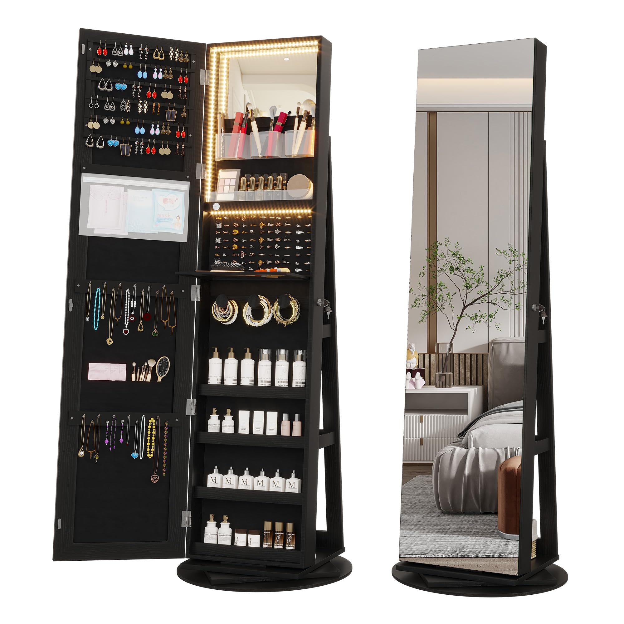 360° Swivel Jewelry Cabinet with LED Lights & Full-Length Mirror - Large Lockable Jewelry Armoire Organizer with Storage Shelves, Free Standing Mirror for Bedroom & Closet (Black) - Perfect for Jewelry Storage, Display & Dressing Room Organization