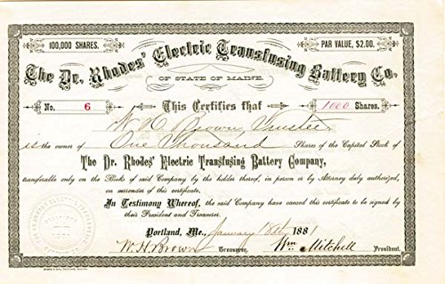 Vintage Dr. Rhodes Electric Transfusing Battery Co. Stock Certificate - Rare Collectible Investment Memorabilia for Wall Display & Historical Collections