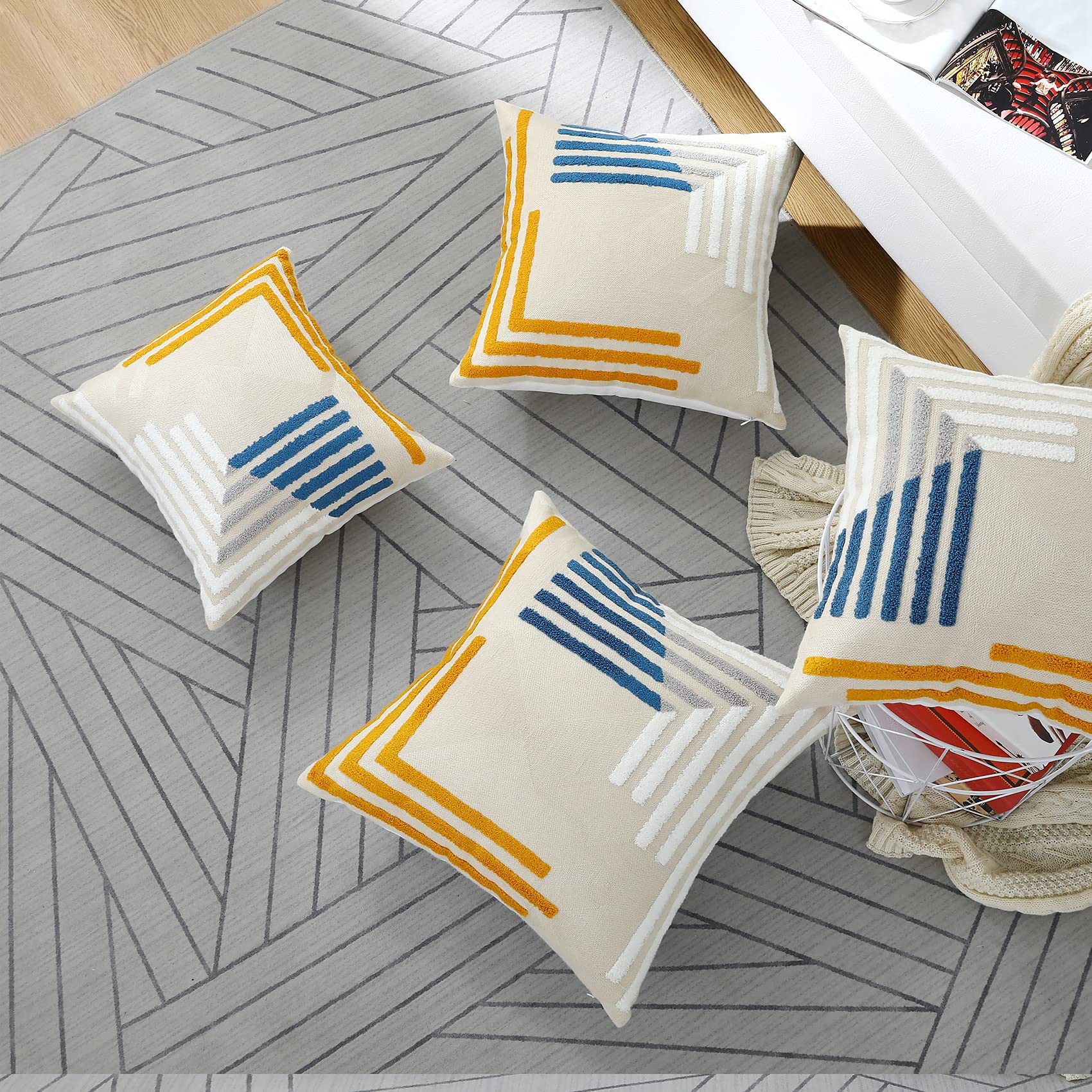 Boho Throw Pillow Covers 20x20 Set of 2 - Neutral Modern Farmhouse Blue & Yellow Embroidered Geometric Pillowcases - Perfect for Couch, Bed, Living Room & Outdoor Decor