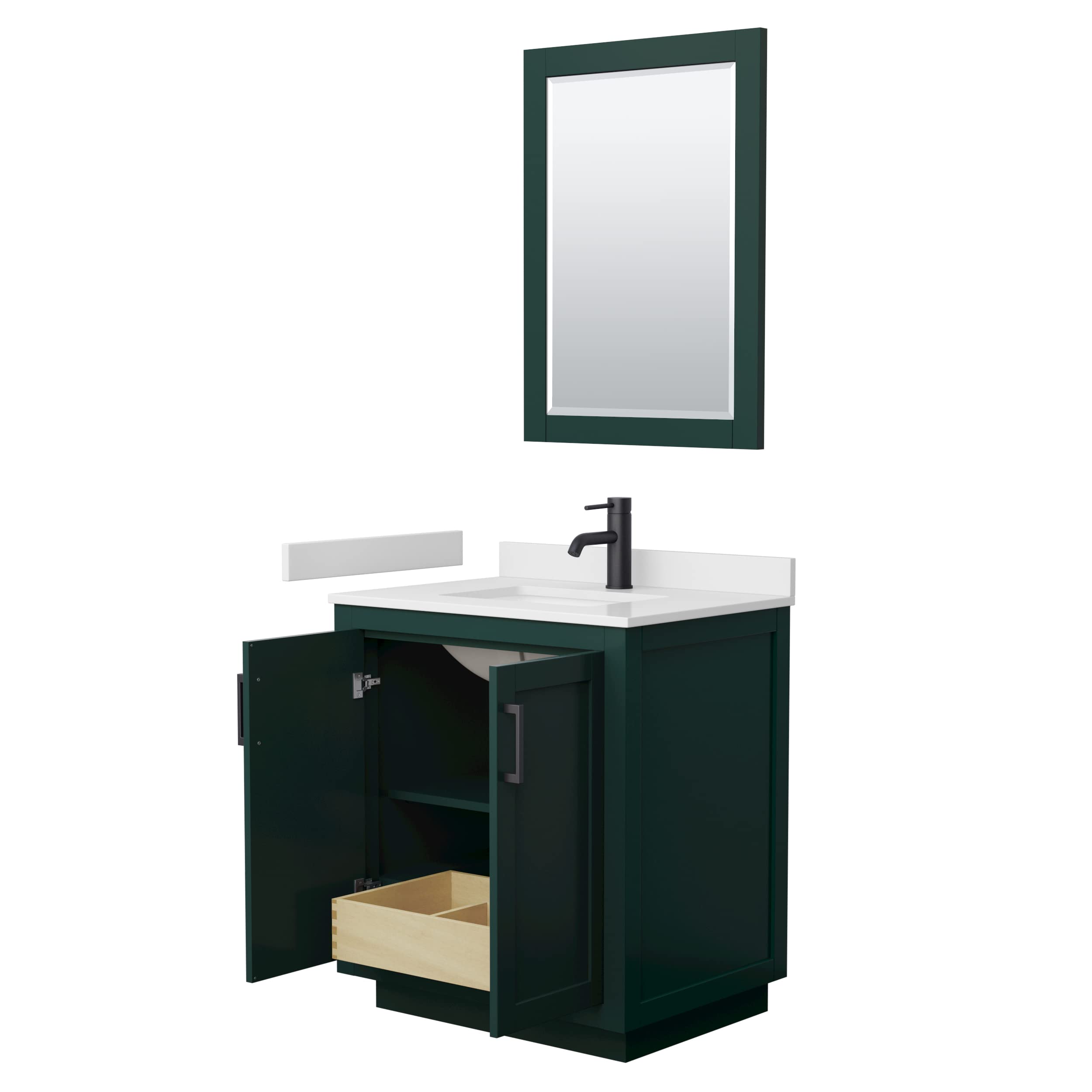 Wyndham Collection Miranda 30 Inch Green Bathroom Vanity with White Cultured Marble Countertop, Undermount Square Sink & Matte Black Trim - Includes 24 Inch Mirror for Modern Bathroom Decor | Perfect for Small Spaces, Guest Bathrooms & Home Renovations