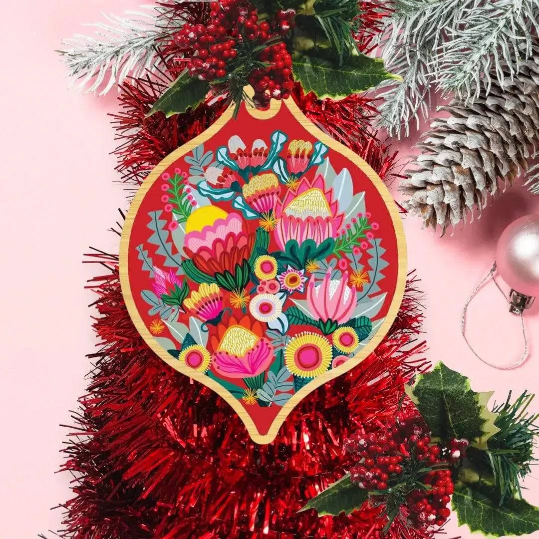 Flowers of Oz Australian Christmas Card & Bauble - Festive Holiday Greeting Card with Ornament for Xmas Tree Decorations & Gift Giving