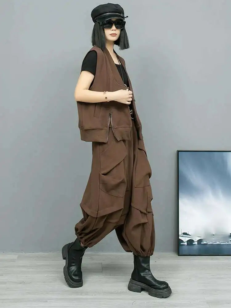 Big Size Coffee Vest & Wide Leg Pants Two-Piece Suit for Women - V-Neck Sleeveless Fashion Set for Spring/Autumn 2025 (1DH8108) | Office Wear, Casual Outfit & Special Occasion