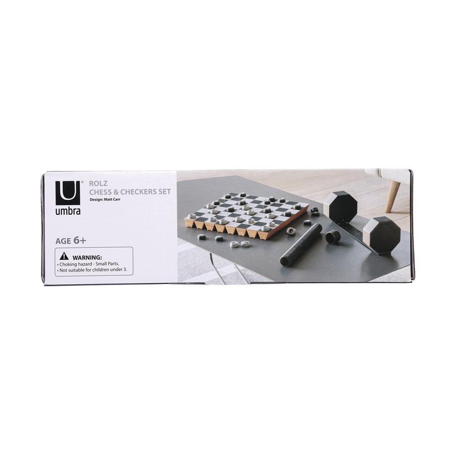 UMBRA Rolz Wooden Chess and Checkers Set - Black - Classic Board Game for Adults and Kids - Perfect for Home, Office, and Travel Entertainment