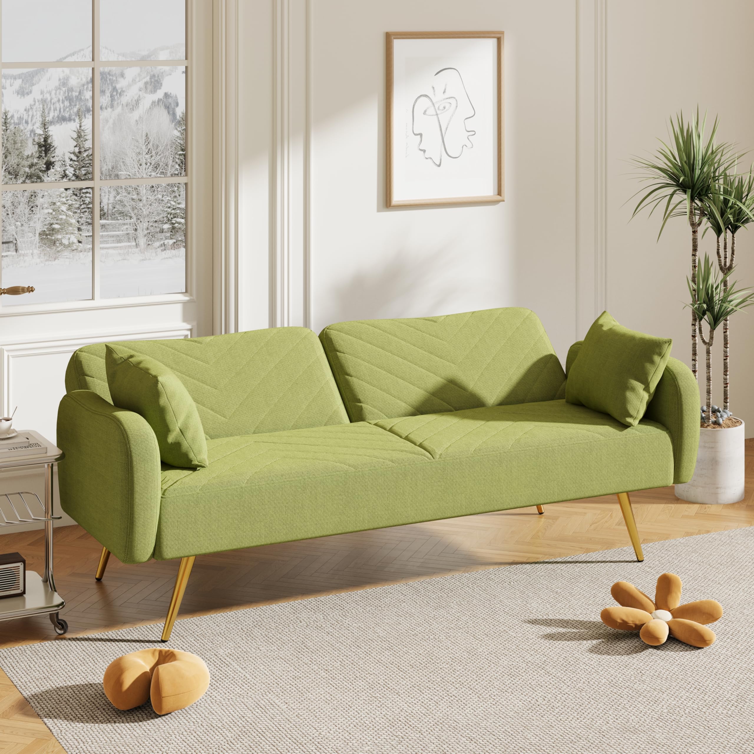 P PURLOVE Modern Convertible Sofa Bed with Adjustable Backrest & Armrests - 2 Throw Pillows Included - Upholstered Sleeper Sofa for Living Room, Bedroom, Office (Green) - Perfect for Small Spaces, Guest Rooms & Studio Apartments