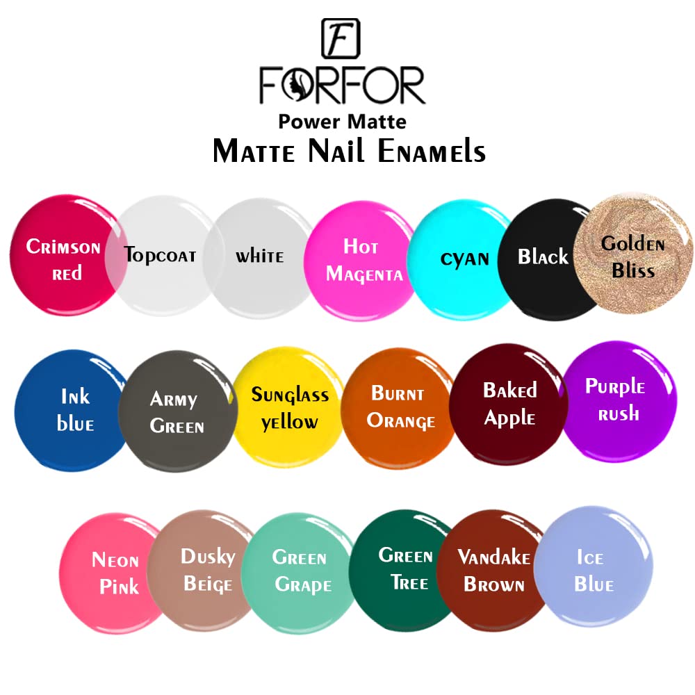 FORFOR Power Matte HD Colors Long Lasting Professional Set of 6 Nail Polish - Golden Bliss, Green, Dark Green, Brunt Orange, Black, Dusky Beige | Vegan & Cruelty-Free | Perfect for Manicures, Pedicures, Nail Art & Salon Use