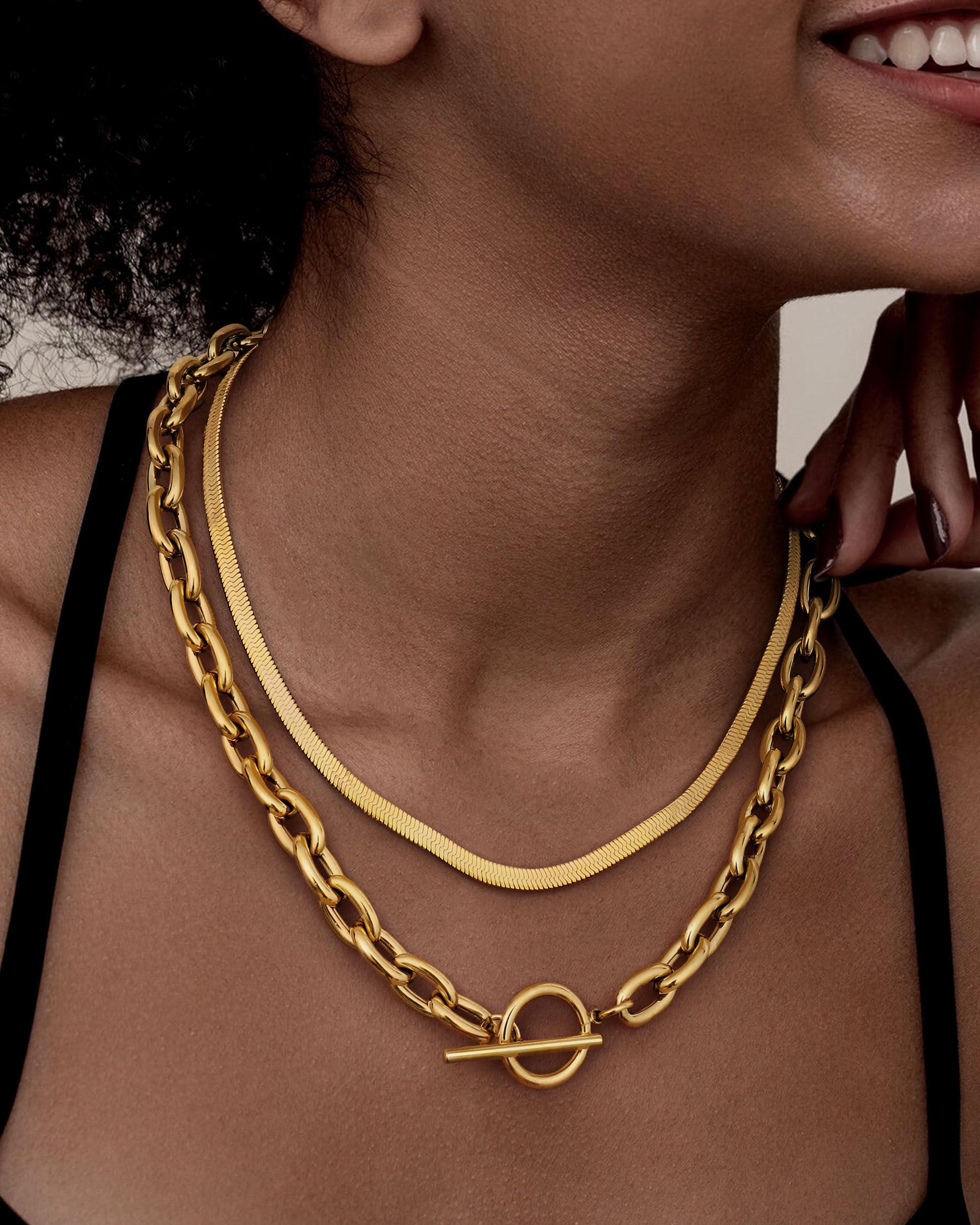 18K Chunky Gold Necklace for Women & Men - Sweatproof & Non-Tarnish Layered Chain Necklace - Thick Herringbone Paperclip Necklace Stack - Perfect for Layering, Everyday Wear & Special Occasions