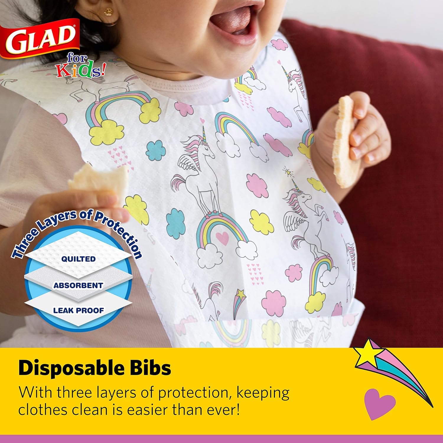 Glad for Kids Unicorns Disposable Bibs - 24 Pack Cute Unicorn Design Baby Feeding Bibs for Toddlers, Mess-Free Mealtime & On-the-Go Convenience