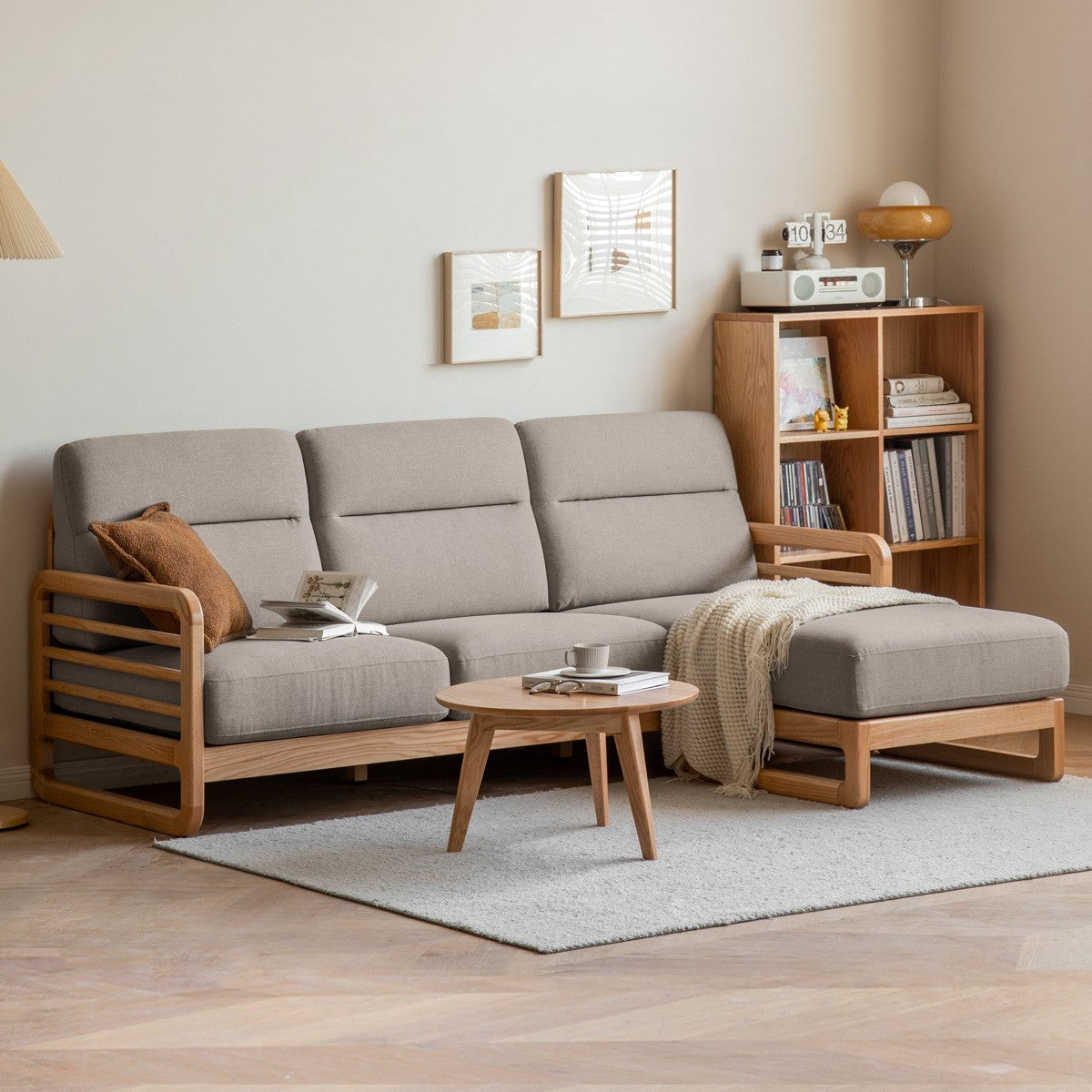 Oak Wood Fabric Sofa with String Style Backrest - Modern Living Room Furniture for Comfortable Home Decor