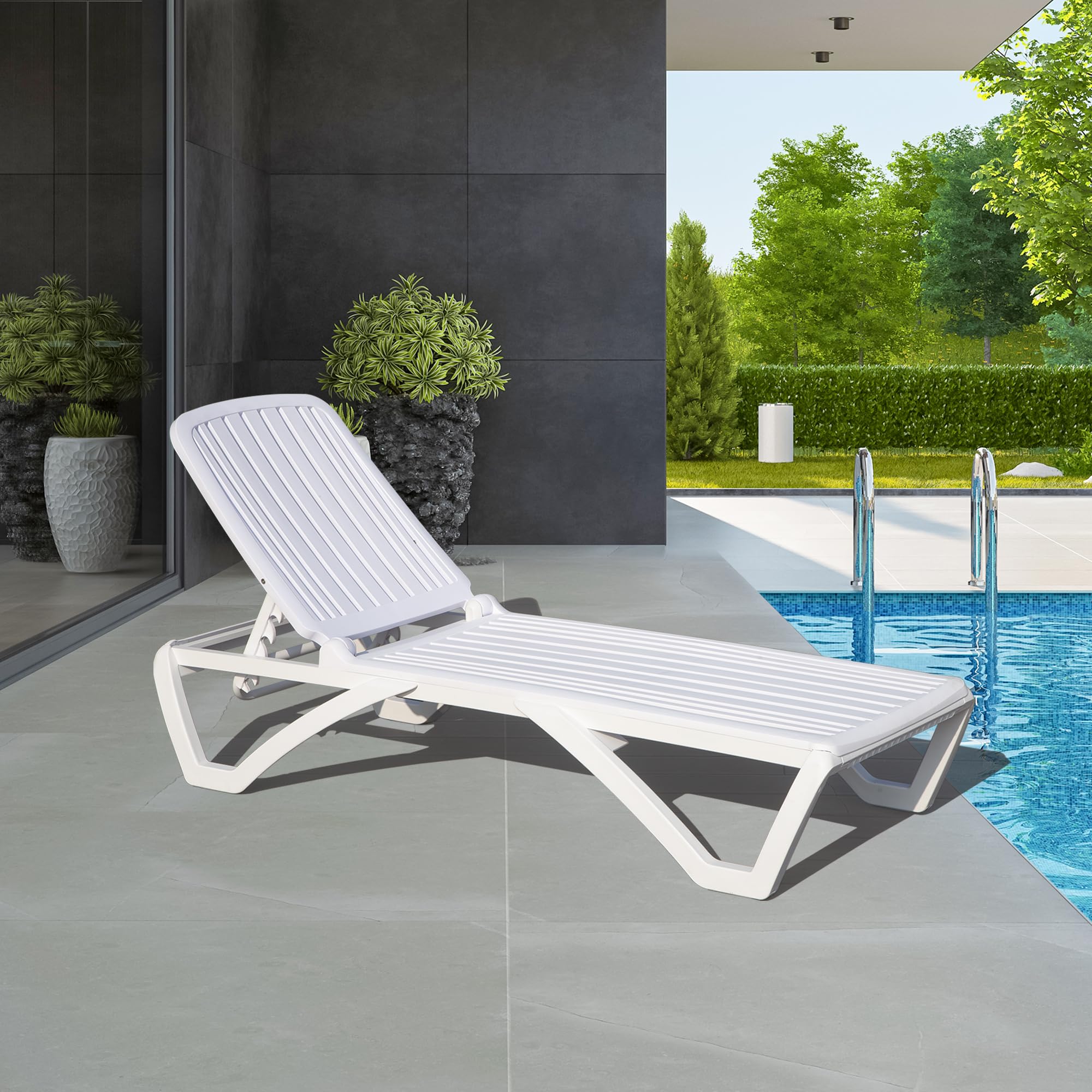 Domi Patio Chaise Lounge - All-Weather Adjustable Reclining Outdoor Lounge Chair with Wheels, Stackable Plastic Tanning Chair for Beach, Garden, Lawn, Poolside Relaxation | Perfect for Sunbathing, Lounging by the Pool, or Backyard Relaxation