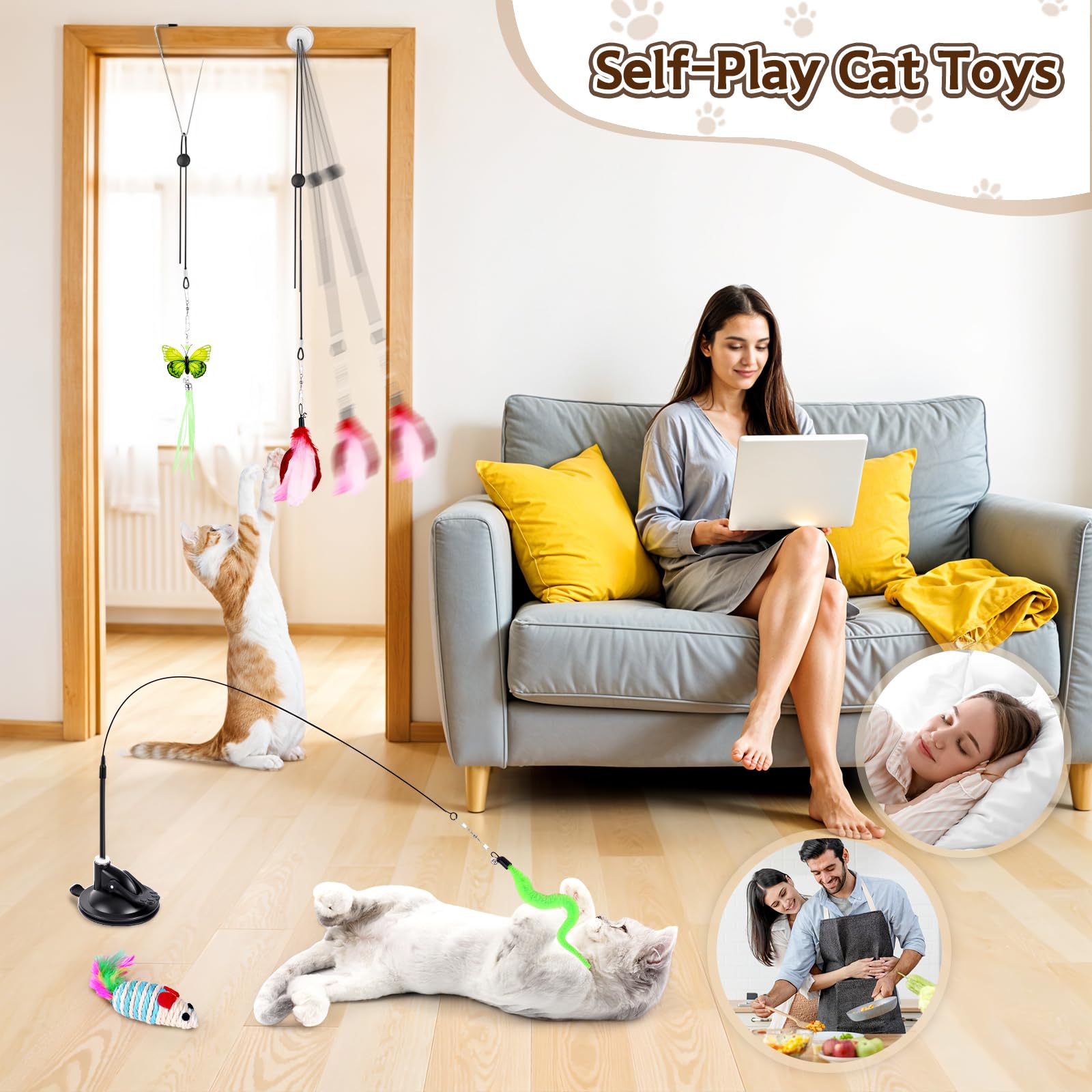 14PCS Interactive Cat Toys Set - 4-in-1 Hanging Door Toy with Feathers, Balls & Mice for Indoor Kittens & Adult Cats | Suction Cup Wand with Removable Butterfly Streamers - Perfect for Playtime, Exercise & Bonding