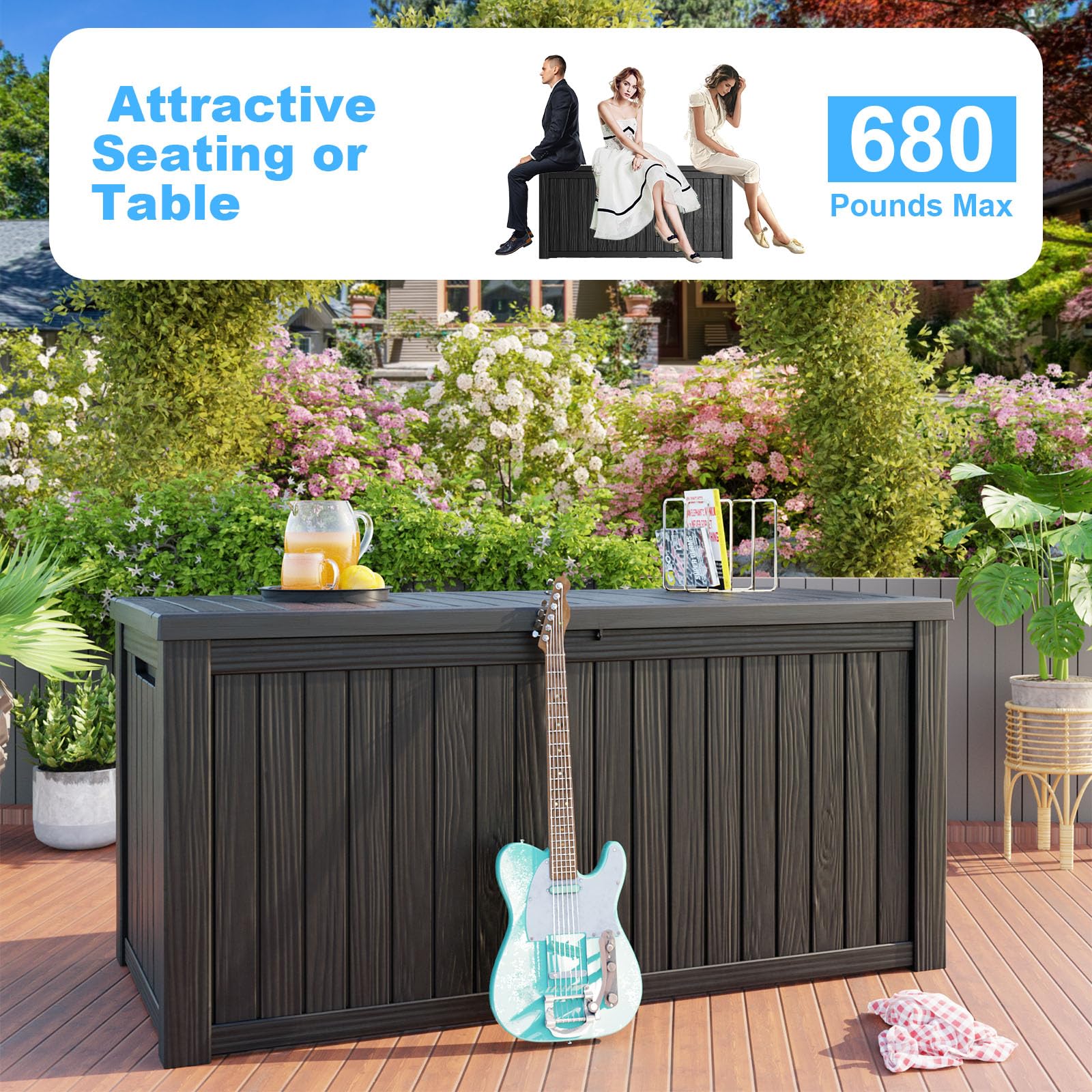 Vixzen 180 Gallon Resin Deck Box - Lockable Outdoor Storage Container for Patio Cushions, Garden Tools, Pool Accessories | Weatherproof & UV Resistant Black Deck Box | Perfect for Backyard, Poolside & Garden Organization