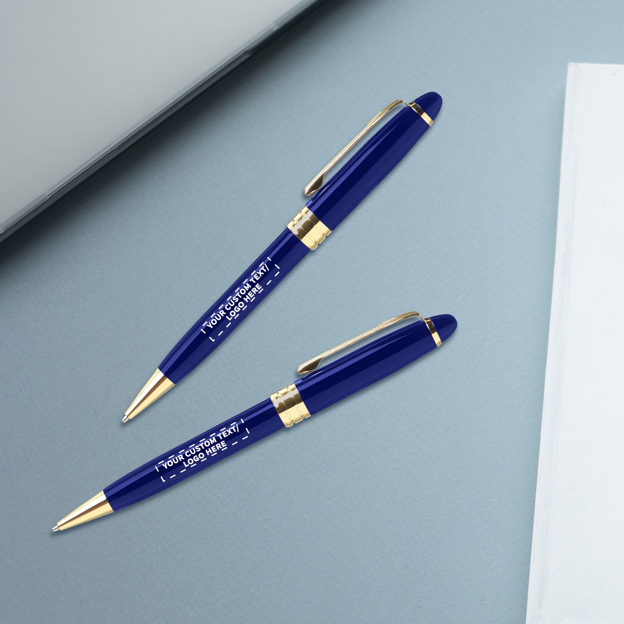 50 Premium Executive Pens with Custom Text & Logo - Twist Mechanism, Gold Accent - Blue Ink - Perfect for Corporate Gifts, Business Events & Office Supplies (Bulk Pack)
