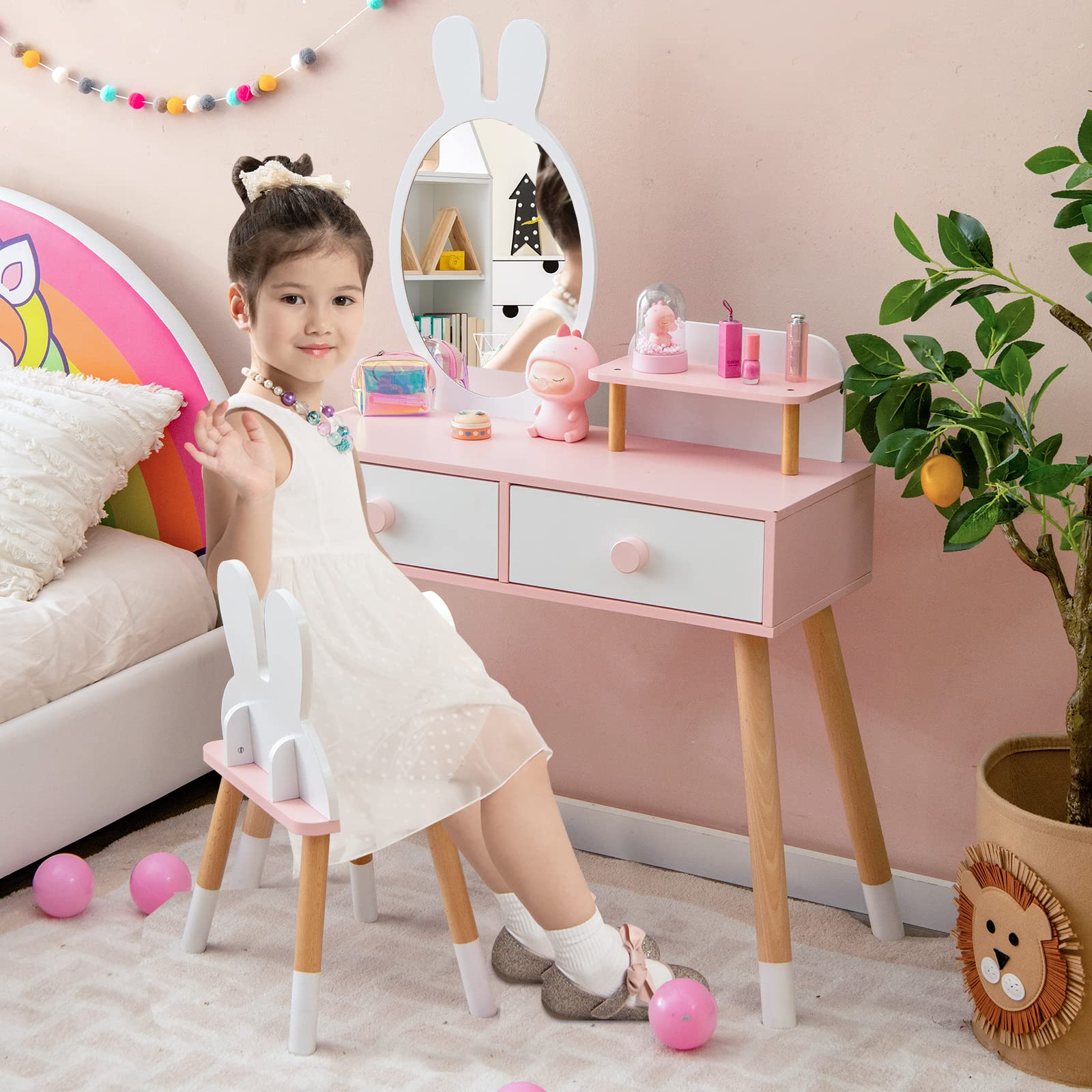 **White Kids Vanity Set with Mirror, Storage Shelf & 2 Large Drawers - Princess Dressing Table & Toddler Makeup Vanity for Girls - Perfect for Playroom, Bedroom & Birthday Gifts**