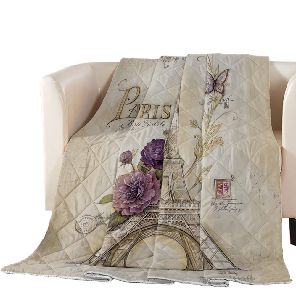Paris Themed Eiffel Tower Reversible Quilted Coverlet - Lightweight Thin Comforter Bedspread Throw Blanket (64x88 inch Twin) for Bed, Couch & Sofa - Vintage Brown Bedding Perfect for Living Room, Guest Room & Cozy Home Decor