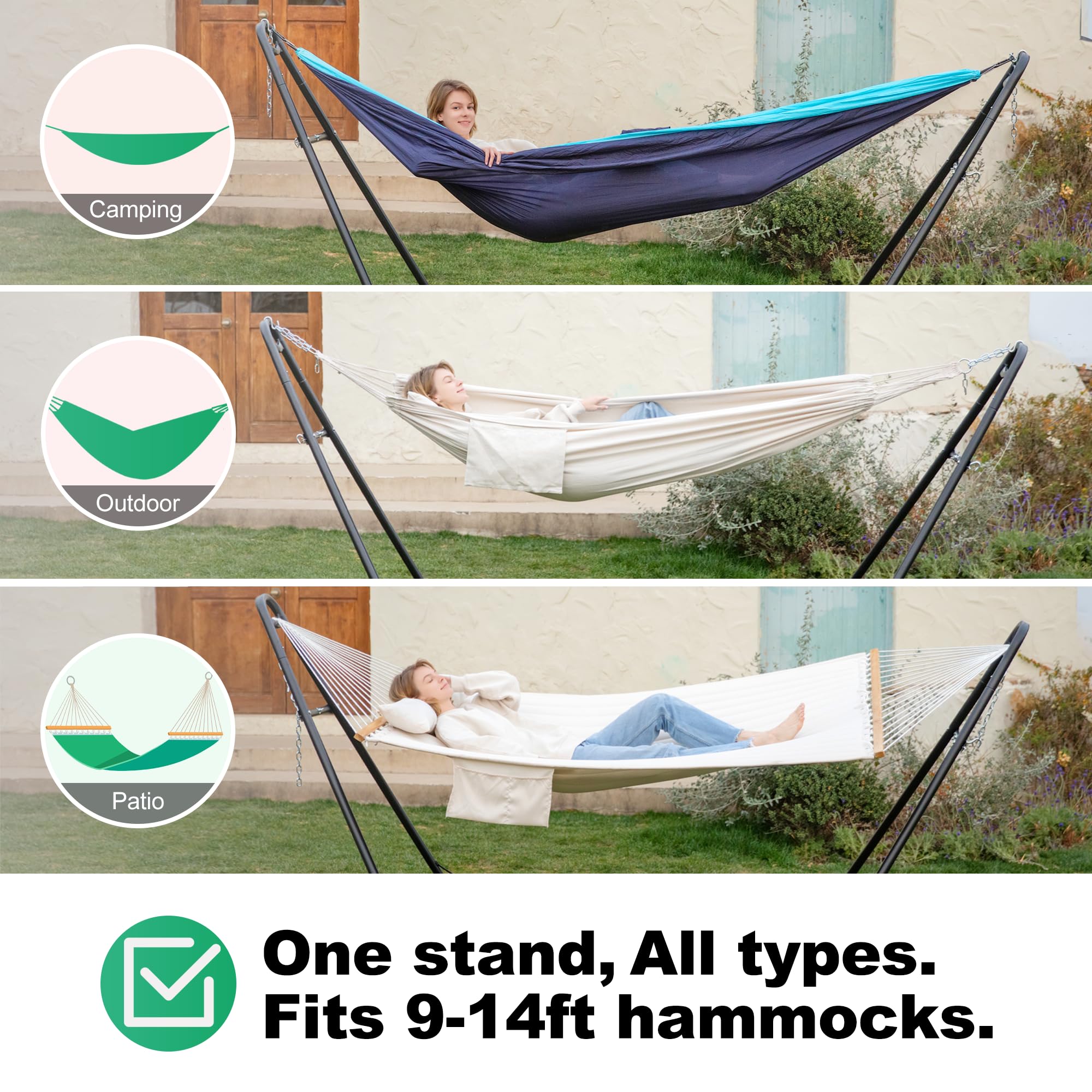 Heavy Duty 2 Person Hammock Stand - 600 lbs Capacity, Adjustable Powder-Coated Steel Frame for 9-14ft Hammocks (XXL, Milky) - Perfect for Backyard, Camping & Beach Relaxation