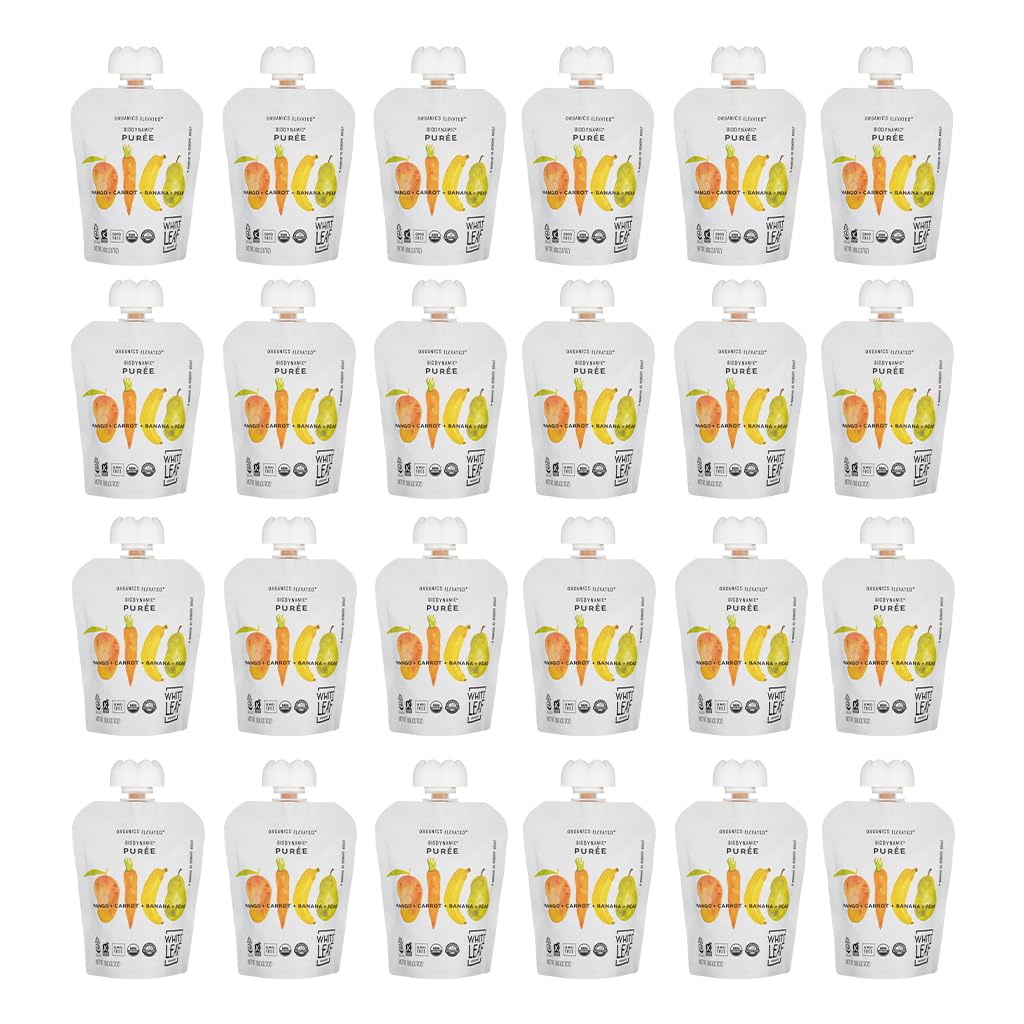 Organic Baby Food Pouches by White Leaf Provisions - USDA Certified, Non-GMO, BPA Free Squeezable Toddler Snacks - 24 Pack (90g Each, Mango Carrot Banana Pear) - Healthy On-the-Go Meals for Babies & Toddlers