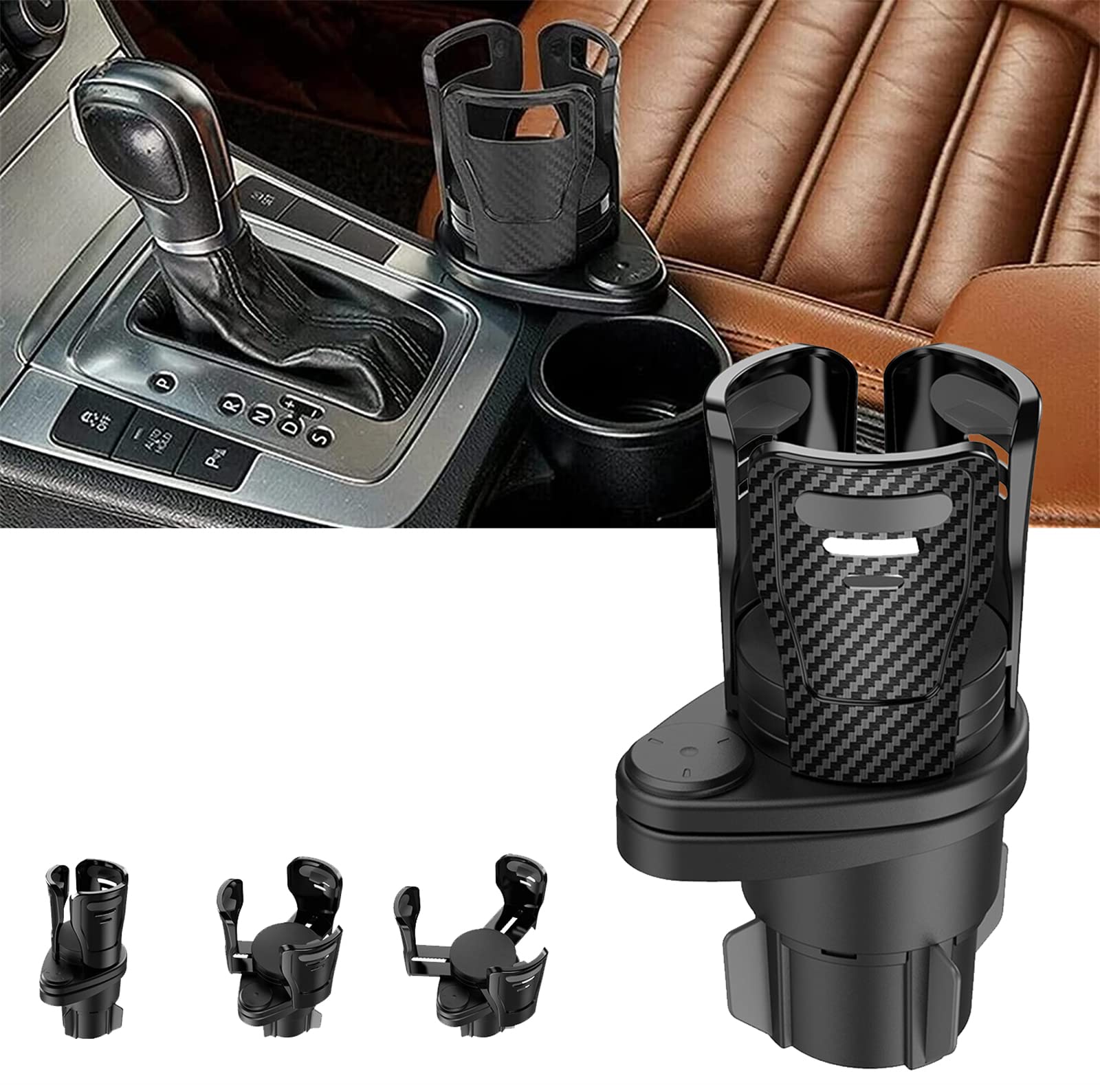 360° Rotating Car Cup Holder Expander with Adjustable Base - Universal Vehicle Drink Holder Organizer for Coffee, Water Bottles & Travel Mugs - Perfect for Cars, Trucks & SUVs (Fiber Black)