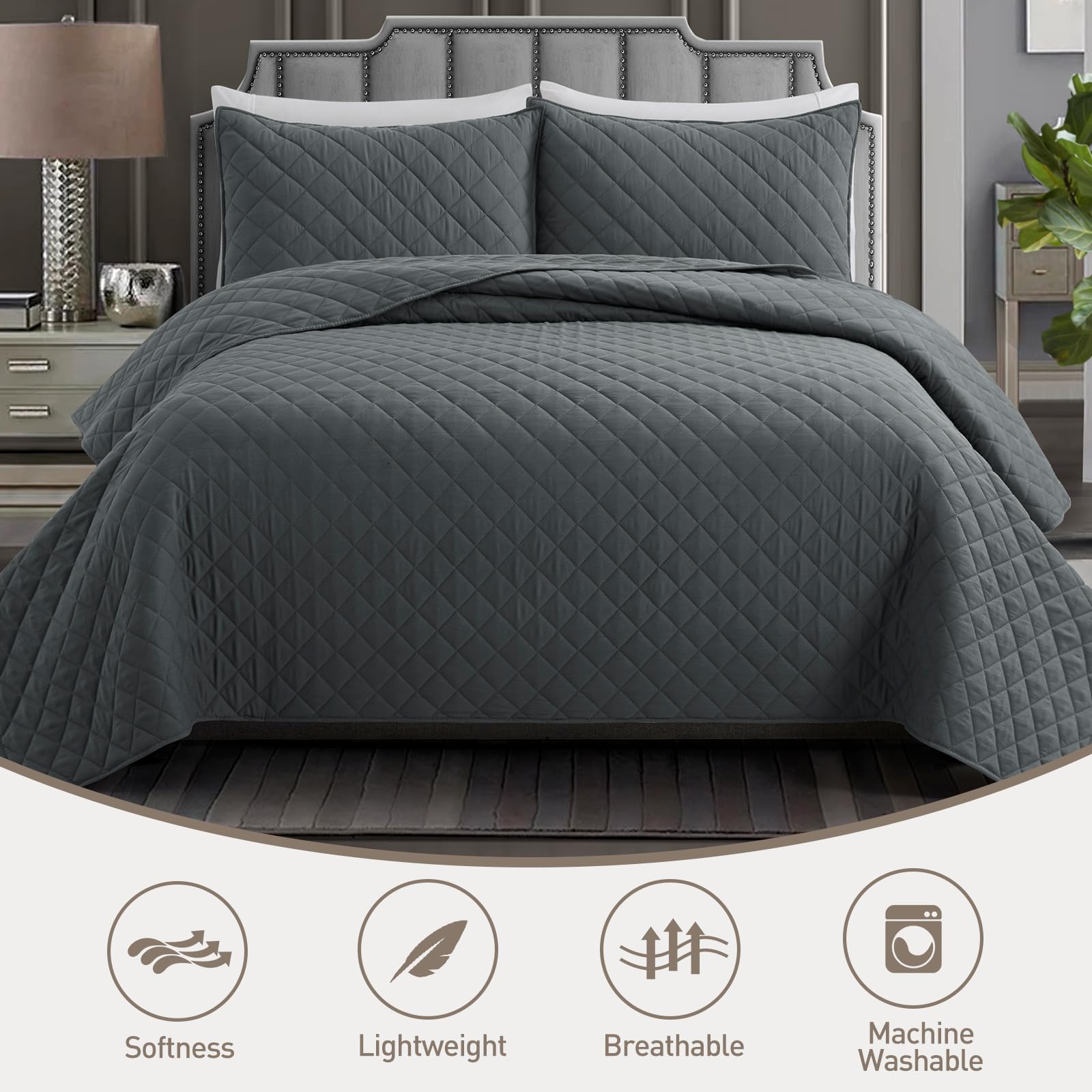 Safonory Dark Grey Quilt Full/Queen Size - Ultra Soft Lightweight Microfiber Diamond Stitched Bedspread Set - 3 Piece Gray Coverlet for Queen Bed (1 Quilt + 2 Shams) | Breathable Summer Bedding for Guest Rooms & Master Bedrooms