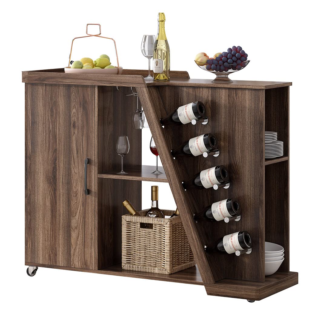 Rolling Kitchen Island Cart with Storage Cabinets & Wheels - 5 Wine Holders, 2-Tier Adjustable Shelves - Mobile Kitchen Organizer for Small Spaces, Dining Room & Entertaining
