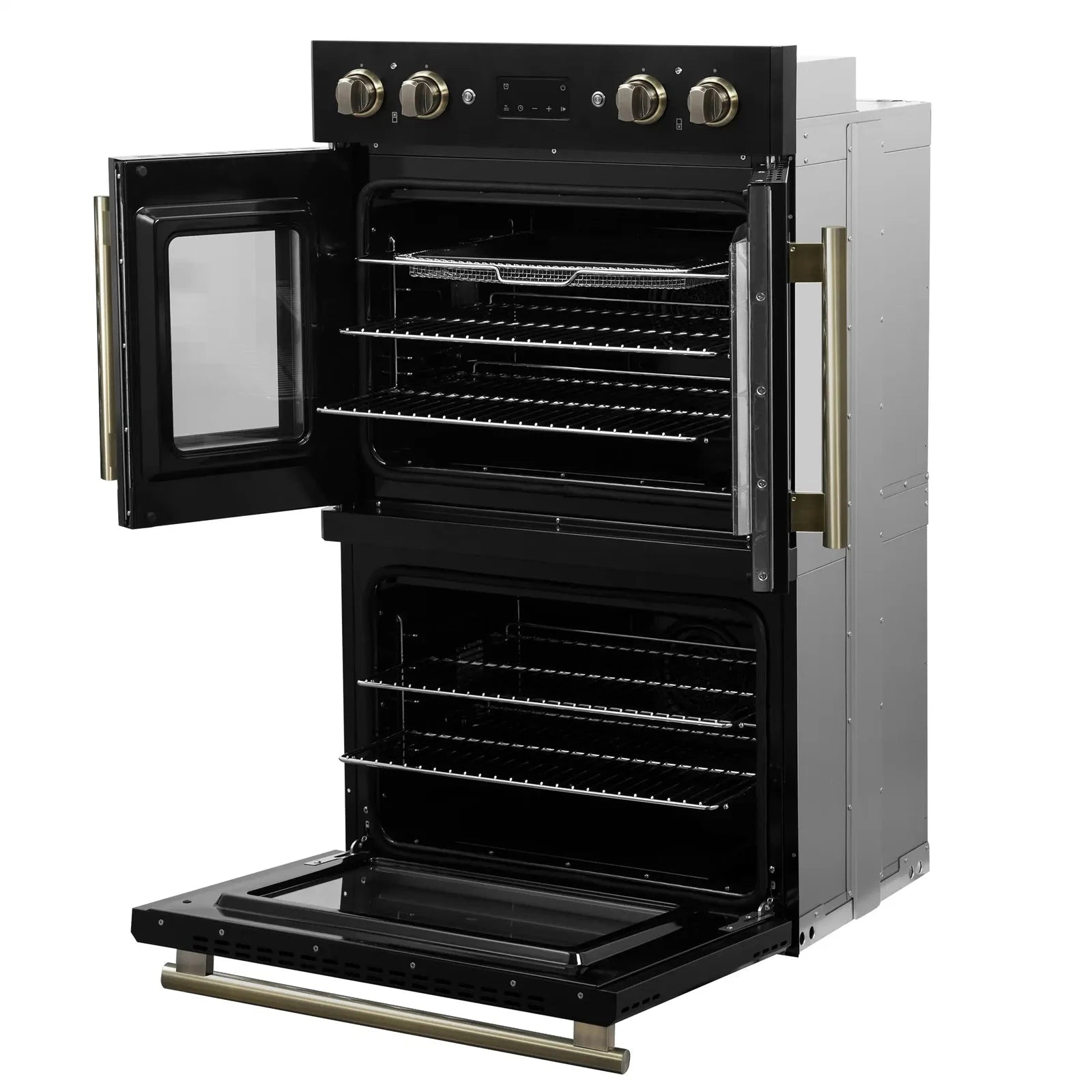 Forno Asti 30 Inch Double Electric Wall Oven with French Doors - Black Finish & Antique Brass Trim (Model FBOEL1340 30BLK) - Perfect for Modern Kitchens, Baking & Entertaining