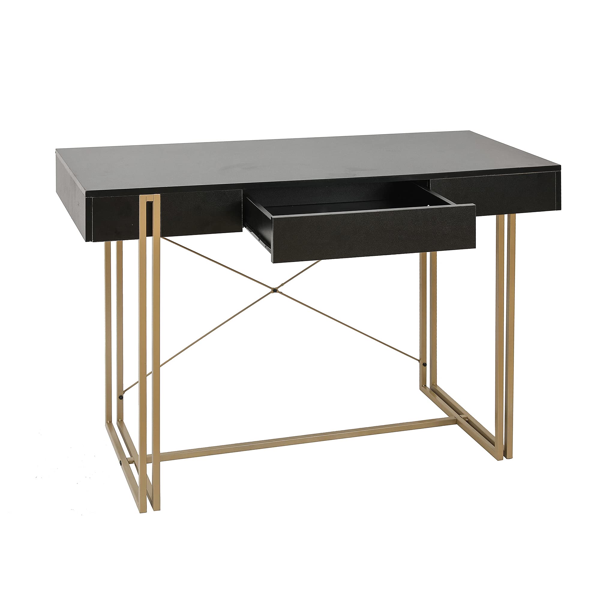 LuxenHome 47 Inch Black Modern Wood & Metal Drawer Desk - Makeup Vanity, Dressing Table, Home Office Computer Laptop Writing Desk with Sturdy Metal Frame - Perfect for Bedroom, Living Room & Office Workspace