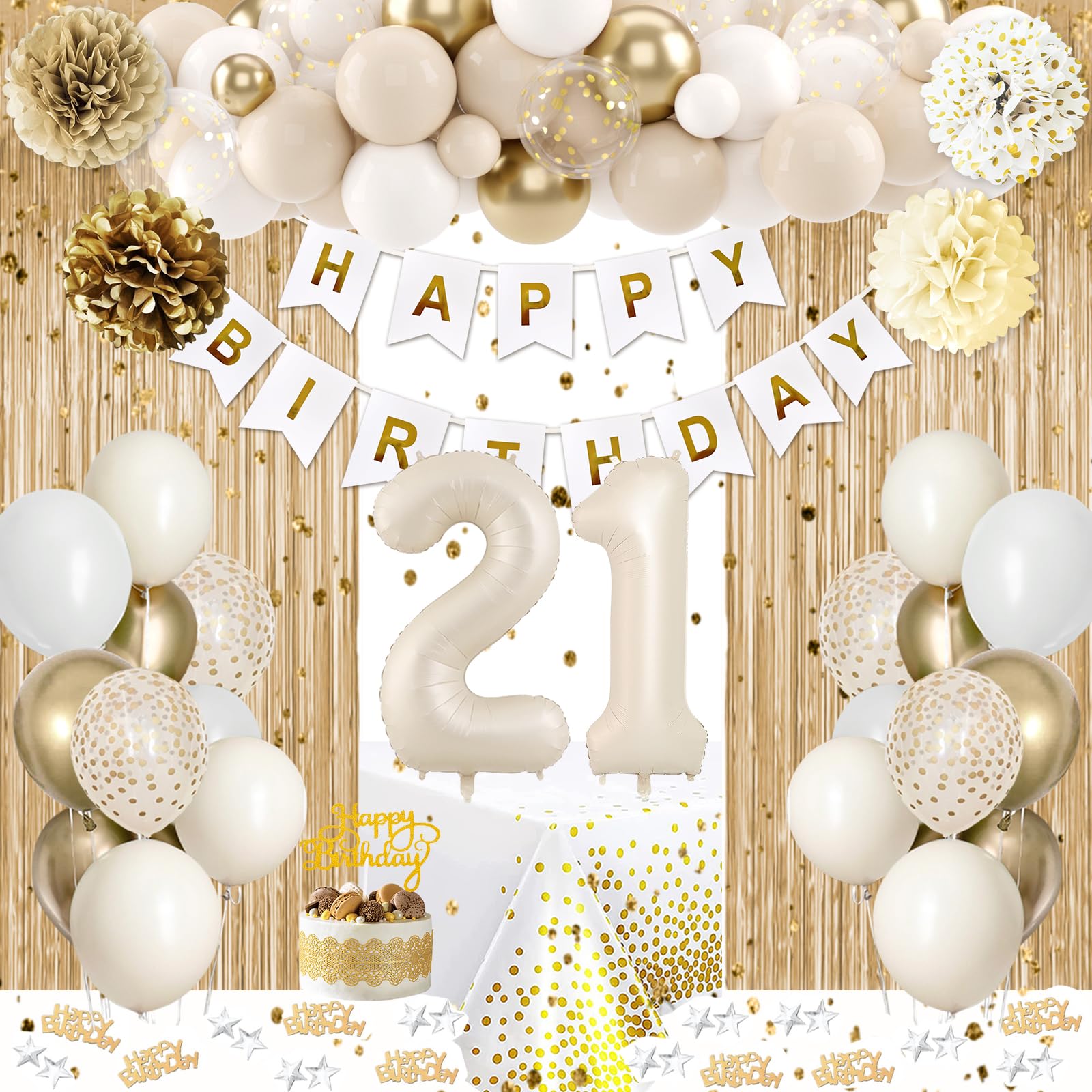 21st Birthday Party Decorations Kit - White & Gold Balloons, Banner, Tablecloth, Backdrop, Cake Topper & Tissue Pom Poms | Perfect for Women's Milestone Celebration, Photoshoot Background & Instagrammable Party Decor
