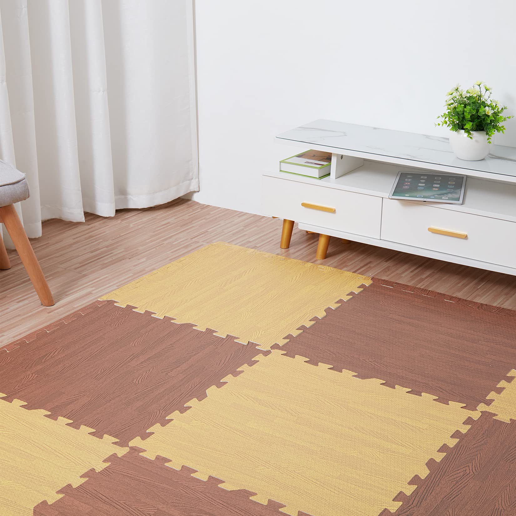 LUVODI 24-Piece EVA Foam Puzzle Mat - 60 x 60 cm Non-Slip Wood Grain Rubber Flooring for Baby Playroom, Home Gym & Kids Play Area - Light Brown Interlocking Tiles for Safe Crawling & Exercise