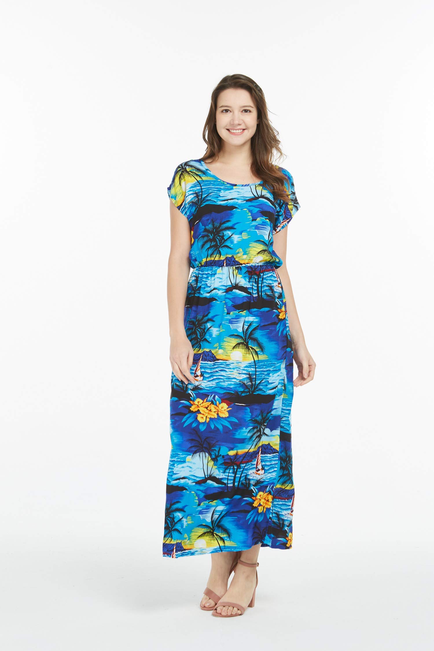 Women's Hawaiian Luau Cap Sleeve Maxi Dress - Floral Print Beach Sunset Design | Perfect for Summer Vacations, Beach Parties & Tropical Getaways
