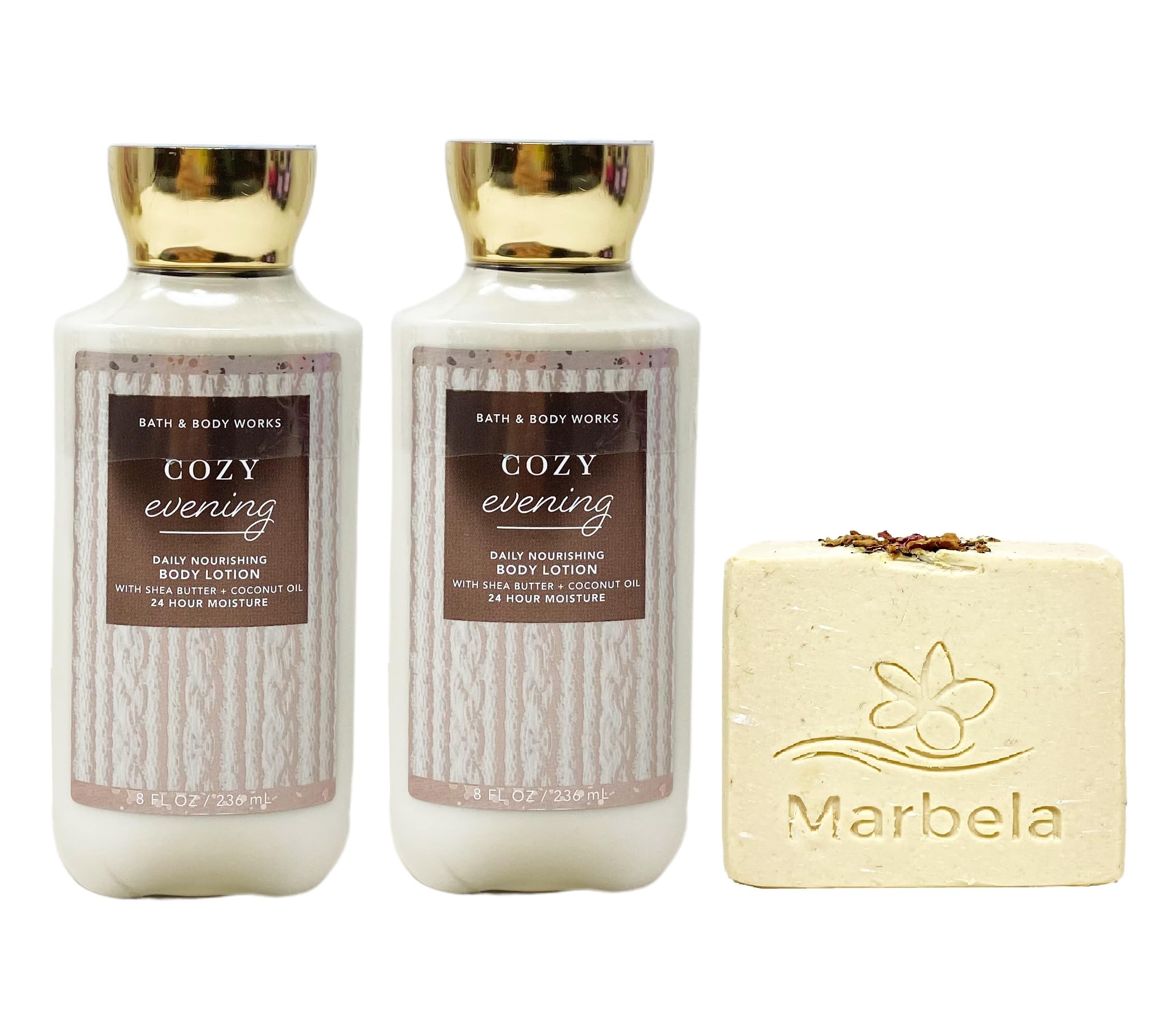 Bath & Body Works Cozy Evening 2-Pack Body Lotion & Creamy Rose Bar Soap Set - Full Size Moisturizing Gift Bundle for Relaxing Nighttime Routine | Perfect for Self-Care, Spa Days & Holiday Gifts