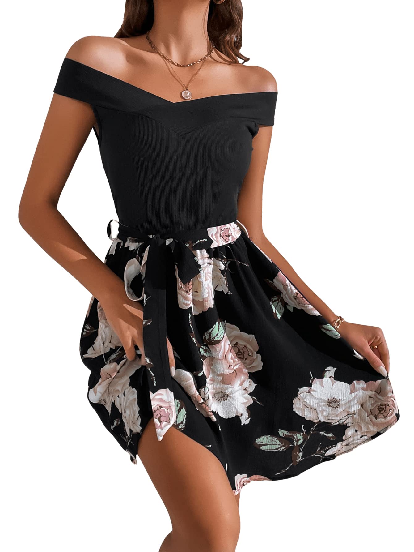 SheIn Women's Floral Print Off Shoulder Short Sleeve A-Line Mini Dress with Tie Waist - Perfect for Summer Parties, Beach Vacations & Date Nights