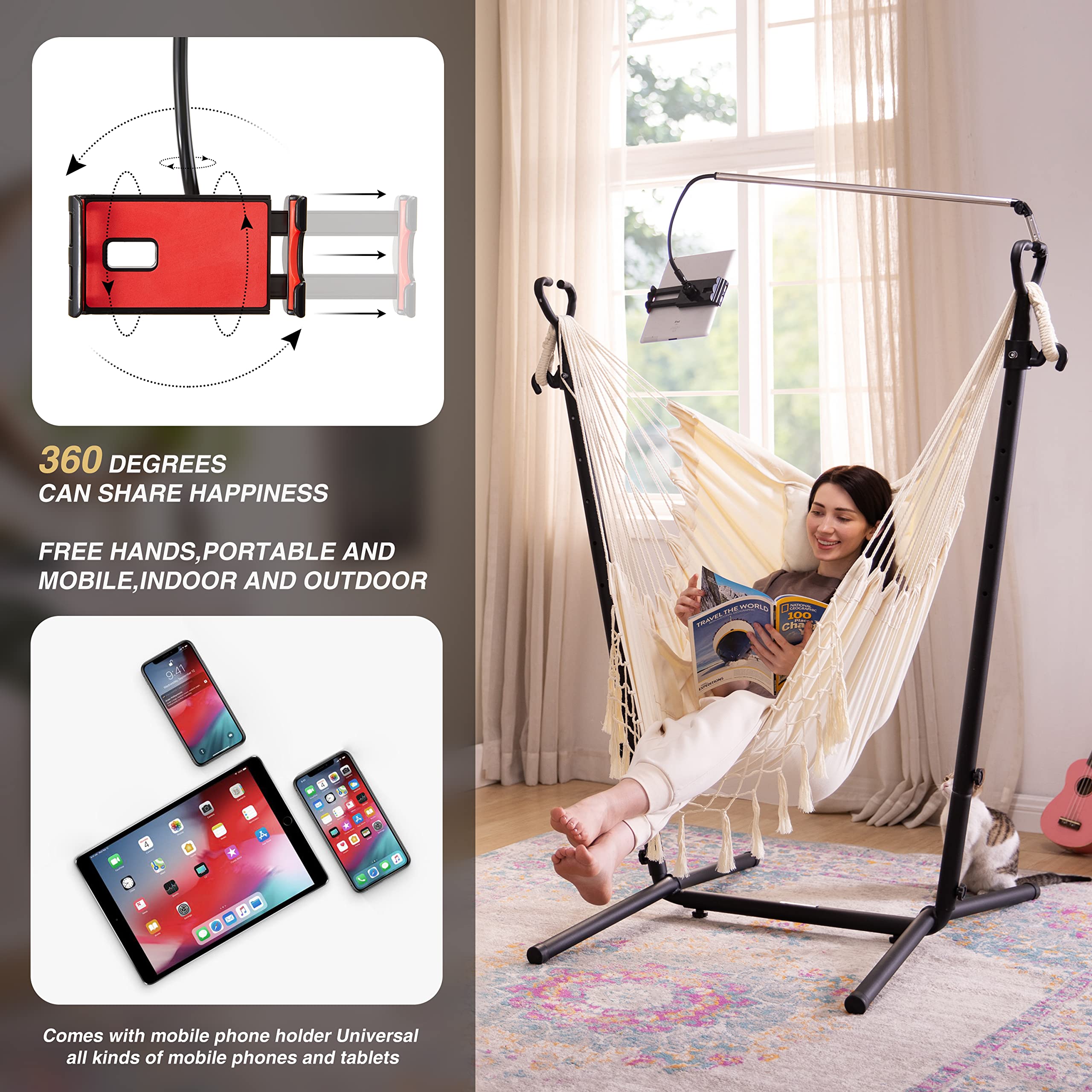 Hanging Hammock Chair with Stand - Adjustable Swing Chair for Indoor & Outdoor Use - Includes Phone Holder & Pillow - Perfect for Bedroom, Patio, Garden Relaxation (Beige)