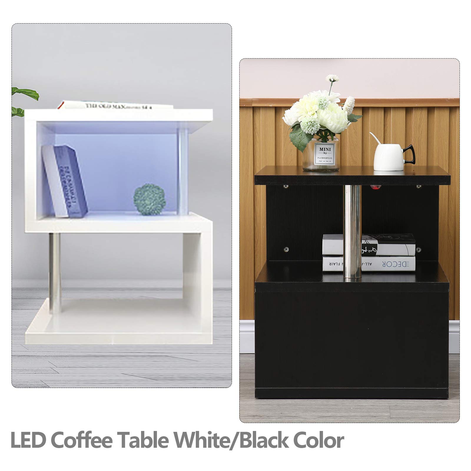 Modern Simple LED Coffee Table & Side Table - S-Shaped High Gloss Nightstand with Remote Control, Multi-Level Accent End Table for Bedroom & Living Room - Perfect for Small Spaces, Home Decor & Entertaining (Black)
