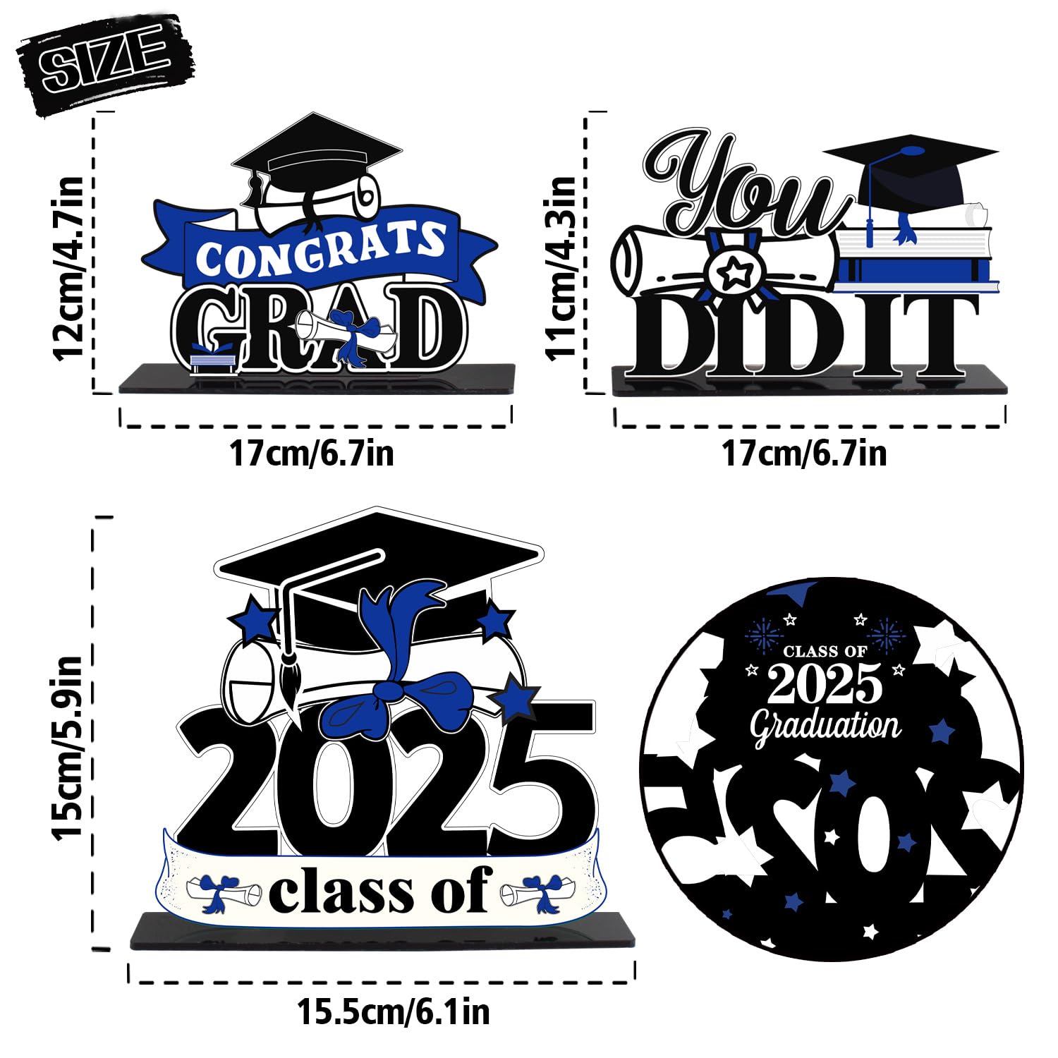 2025 Graduation Party Decorations - 3Pcs Congrats Grad Acrylic Table Centerpieces for Class of 2025, School Graduation Gift Stand Decor in Blue - Perfect for Graduation Ceremonies, Parties & Photo Backdrops