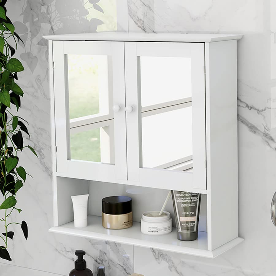 White Wall Mounted Bathroom Cabinet with Mirror Doors - Adjustable Shelf Medicine Storage Cabinet, Over Toilet Hanging Organizer - Perfect for Small Bathrooms, Apartments & Vanity Storage