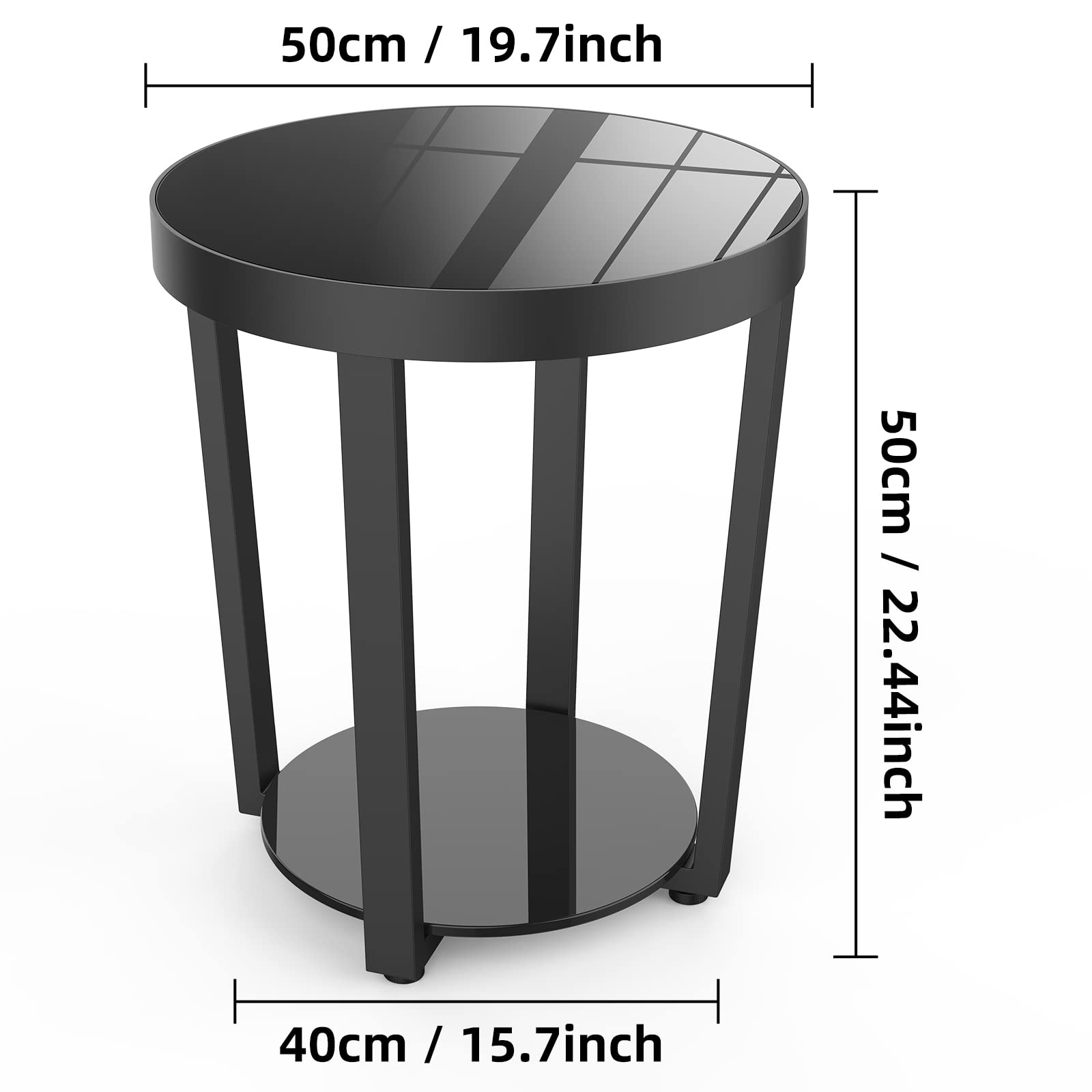 Round End Table with Tempered Glass Top & Metal Frame - Modern Small Coffee Table & Black Sofa Side Table for Living Room, Bedroom, Balcony & Office - Perfect for Drinks, Books & Decor