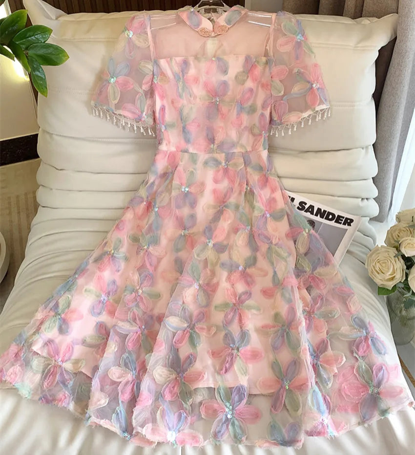 Elegant Sweet Spring Pink Mesh Party Long Dress for Women - Ruffled Collar Embroidery Floral Beaded Tassel Short Sleeve Formal Gown | Perfect for Evening Parties, Weddings & Special Occasions