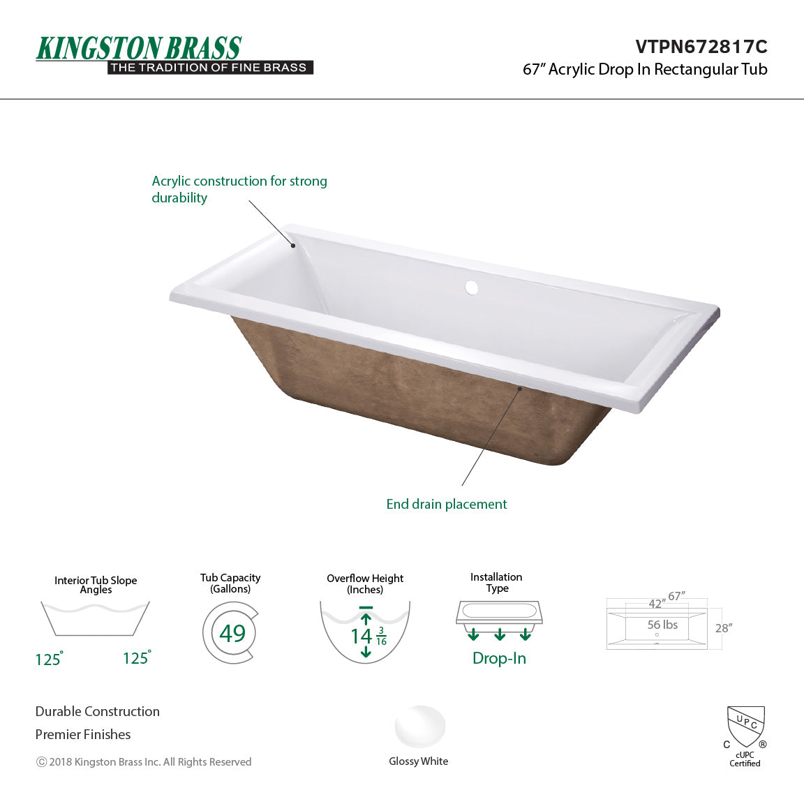 Aqua Eden 67-Inch Acrylic Rectangular Drop-In Bathtub with Center Drain - Glossy White Freestanding Soaking Tub for Modern Bathroom Renovation & Spa Relaxation