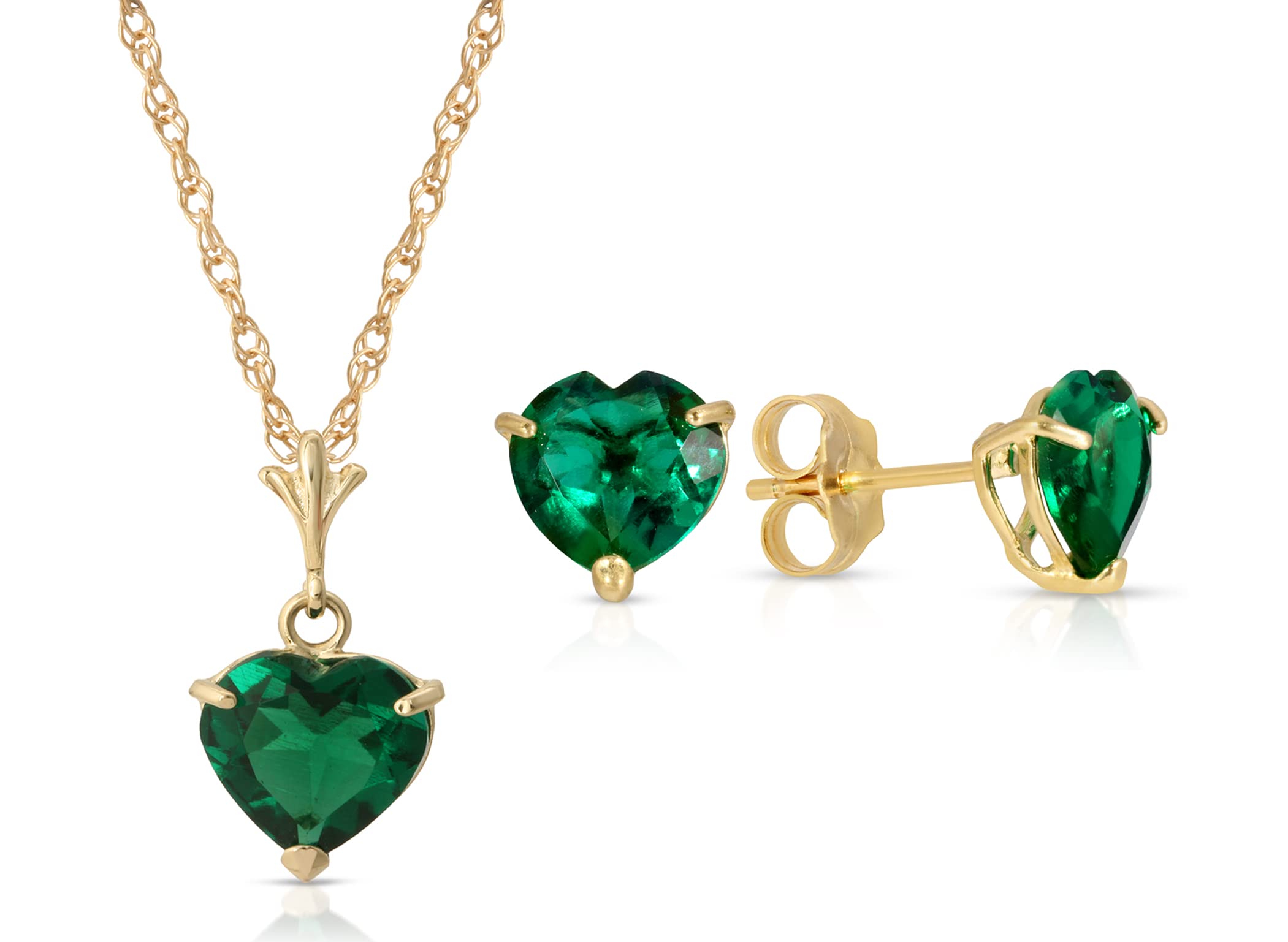 14K Solid Yellow Gold Lab-Grown Heart Emerald Necklace & Earring Set - AAA Grade Jewelry for Women | Valentine's Day Gift, Anniversary Present, Bridal Party Accessories