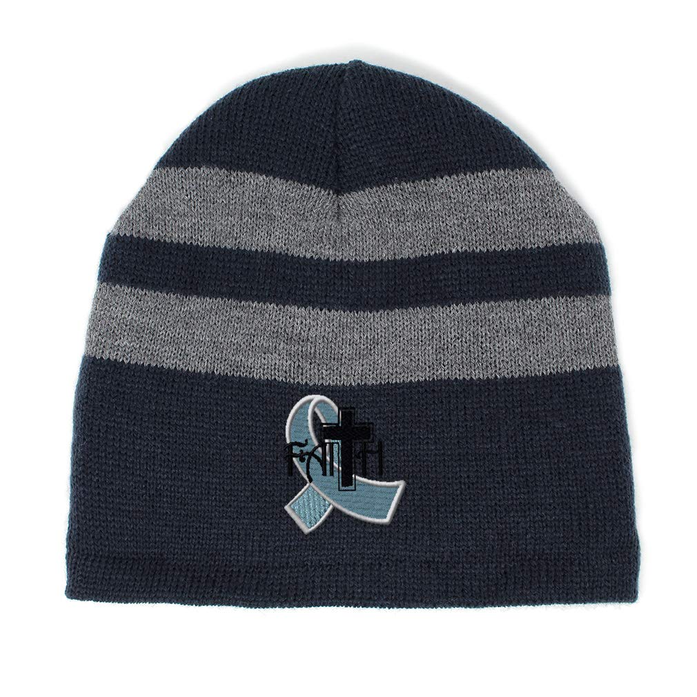 Speedy Pros Striped Beanie for Men & Women - Cancer Awareness Blue Ribbon Faith Embroidery Acrylic Fleece Skull Cap - Navy Blue Winter Hat for Outdoor Activities, Sports & Charity Events