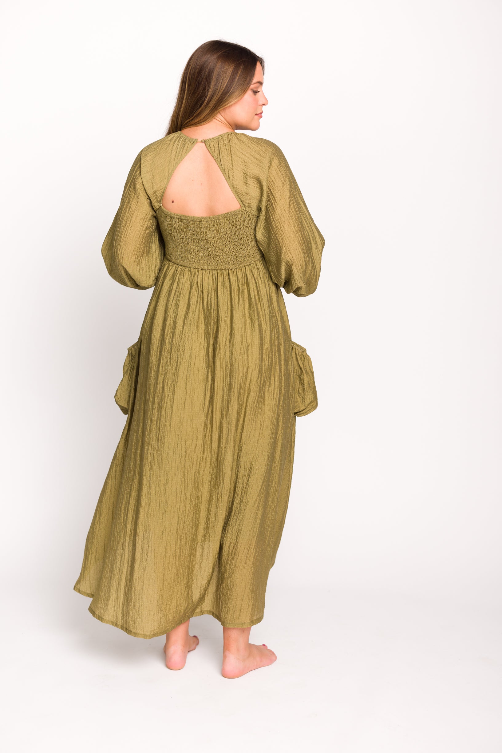 Ariana Women's Olive Long Sleeve Maxi Dress with Slouchy Pocket - Elegant Boho Style for Casual Wear, Date Night & Fall Fashion