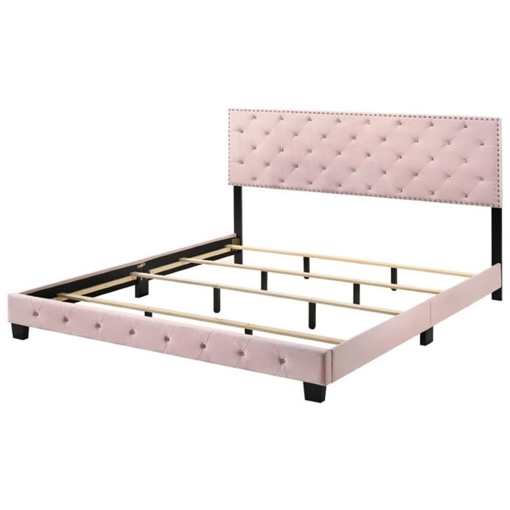 Glory Furniture Suffolk Velvet Upholstered King Size Bed Frame in Pink - Luxurious Bedroom Furniture for Master Suite & Guest Room