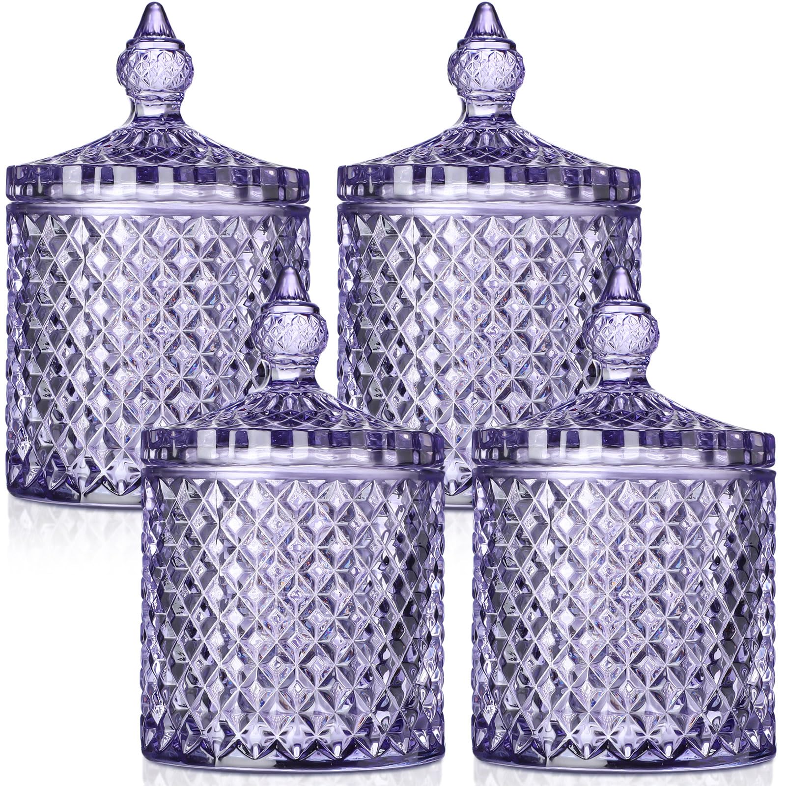 Aoriher 4-Piece Crystal Glass Candy Jar Set with Lids - Decorative Storage Jars for Apothecary, Bathroom, Kitchen & Pantry - Perfect for Cotton Swabs, Jewelry & Home Decor (Medium, Light Purple) | Great for Organizing Candies, Spices, Bath Salts & DIY Crafts