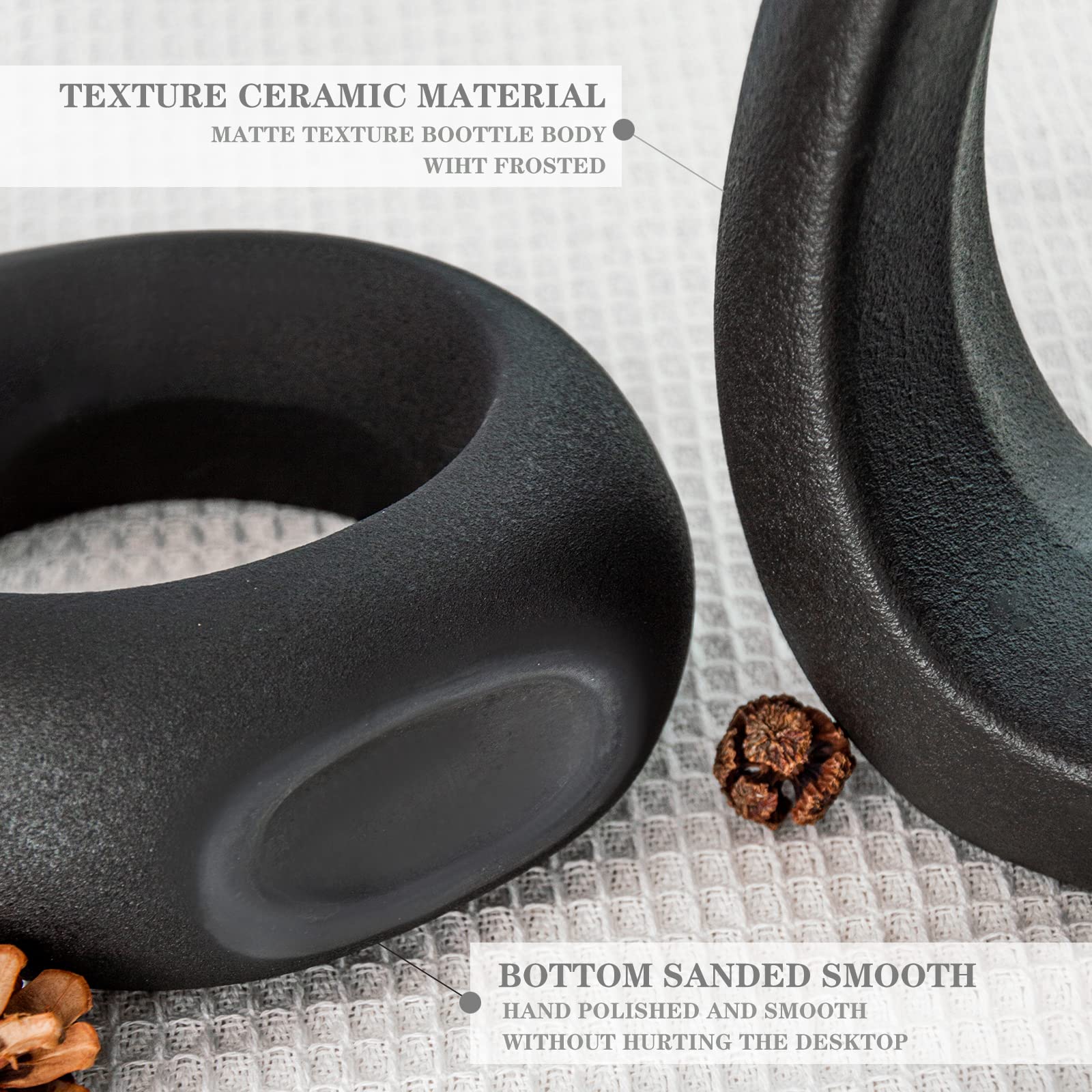 Black Ceramic Hollow Vases Set of 2 - Matte Frosted Textured Oval Flower Vases for Home Decor, Modern Centerpiece, Holiday Gift for Friends | Perfect for Dining Table Decor, Wedding Centerpieces & Living Room Accents