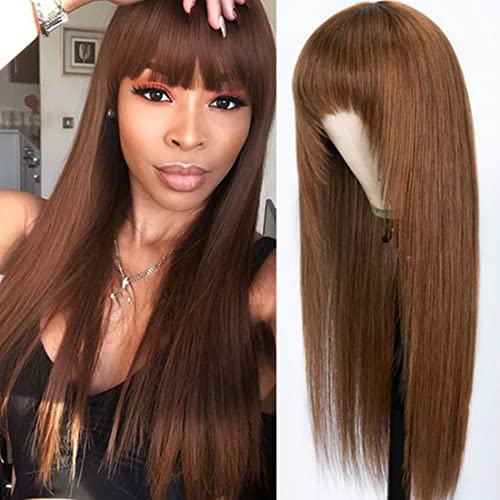 Klaiyi 20Inch Dark Brown Brazilian Virgin Straight Human Hair Wig - 150% Density, Glueless Machine Made, Layered Cut with Bangs | Perfect for Daily Wear, Cosplay, and Special Occasions