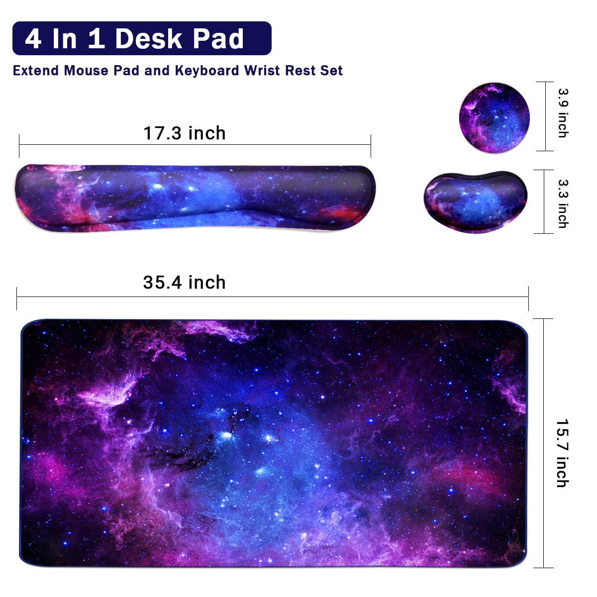 Ergonomic Keyboard and Mouse Pad Set with Memory Foam Wrist Rest - 35.4×15.7 Inch Extended Gaming Desk Mat for Home Office, Study & PC Gaming - 3-Piece Galactic Design Workspace Accessories (Perfect for Long Computer Sessions, Typing Comfort & Gaming Setups)